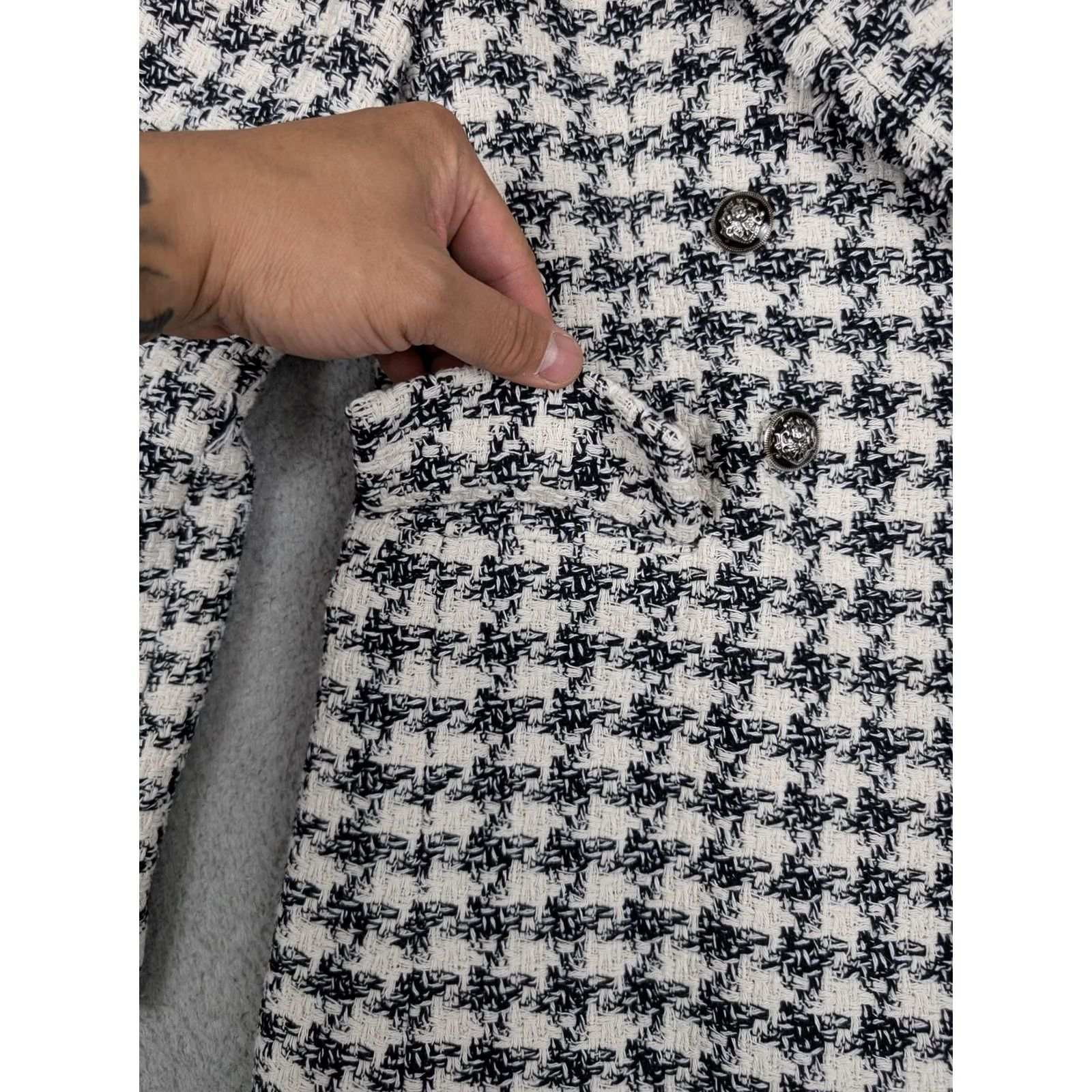 Mango MNG Blazer Womens XS Black White Tweed Houndstooth Double-Breasted Jacket Size XS / US 0-2 / IT 36-38 - 4 Thumbnail