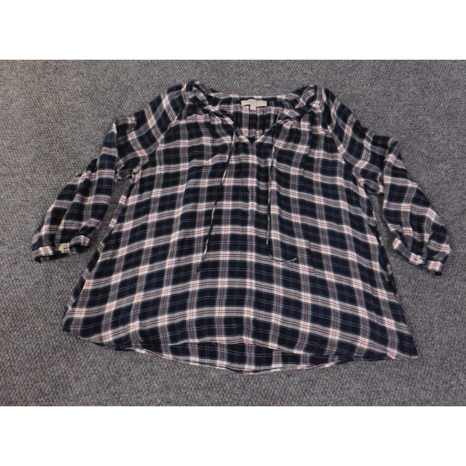 Loft LOFT Shirt Womens Large Navy Plaid Peasant Blouse 3/4 Sleeve V-Neck Raglan Flowing Blouse Womens L Navy Plaid Decade Pattern Shirt Size L / US 10 / IT 46 - 4 Thumbnail