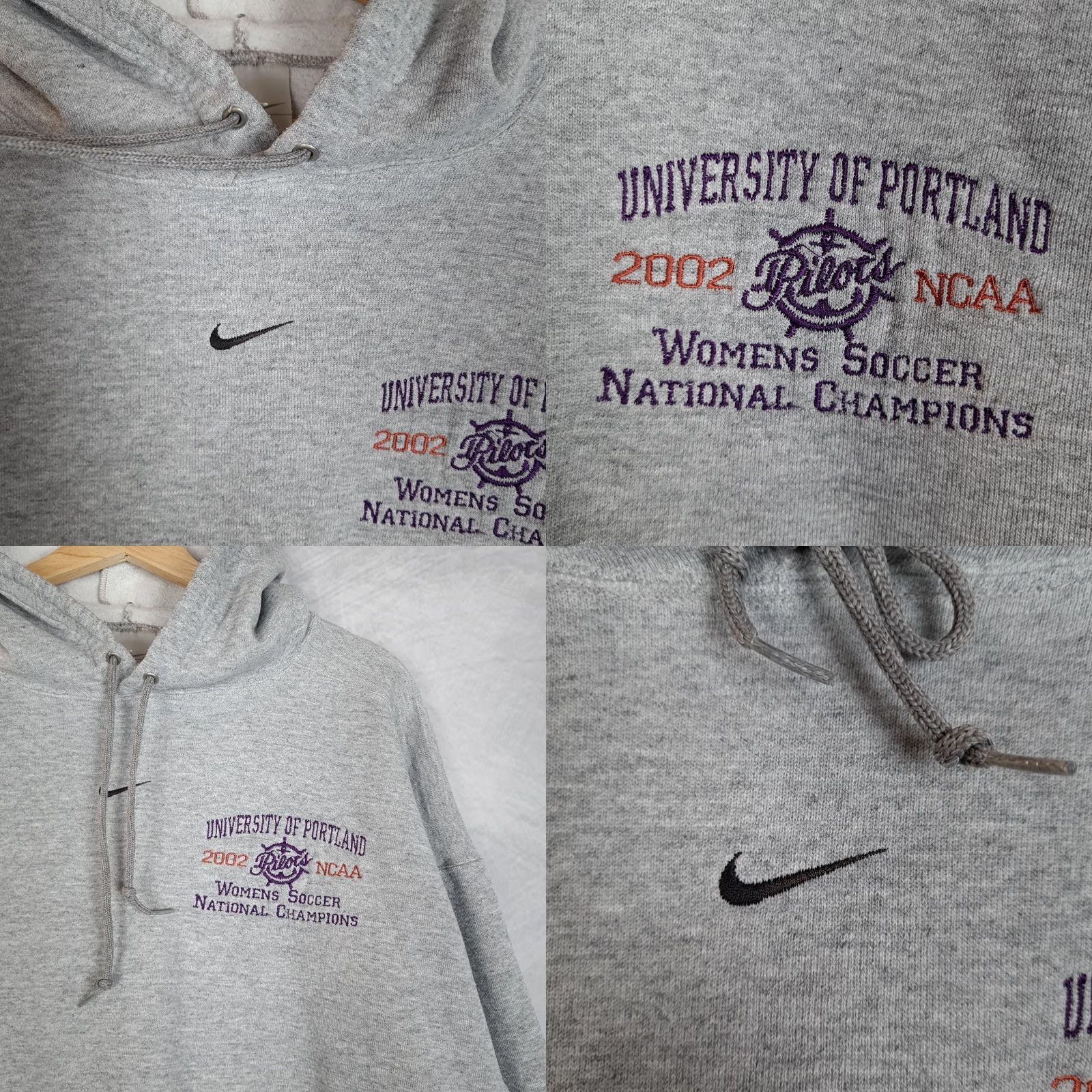 Nike VINTAGE Nike Hoodie Mens Large Gray Sailor University of Portland Pilots 2002 NCAA Womens Soccer National Champions Swoosh Embroidery Size US L / EU 52-54 / 3 - 8 Thumbnail