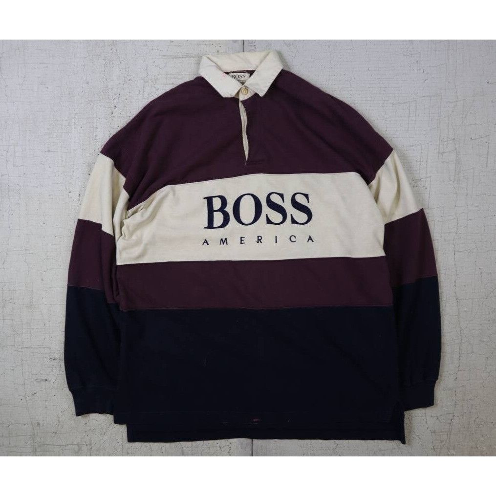 Hugo Boss Vintage 90s Hugo Boss America Rugby T-Shirt Burgundy/White Size US L / EU 52-54 / 3 - 1 Thumbnail