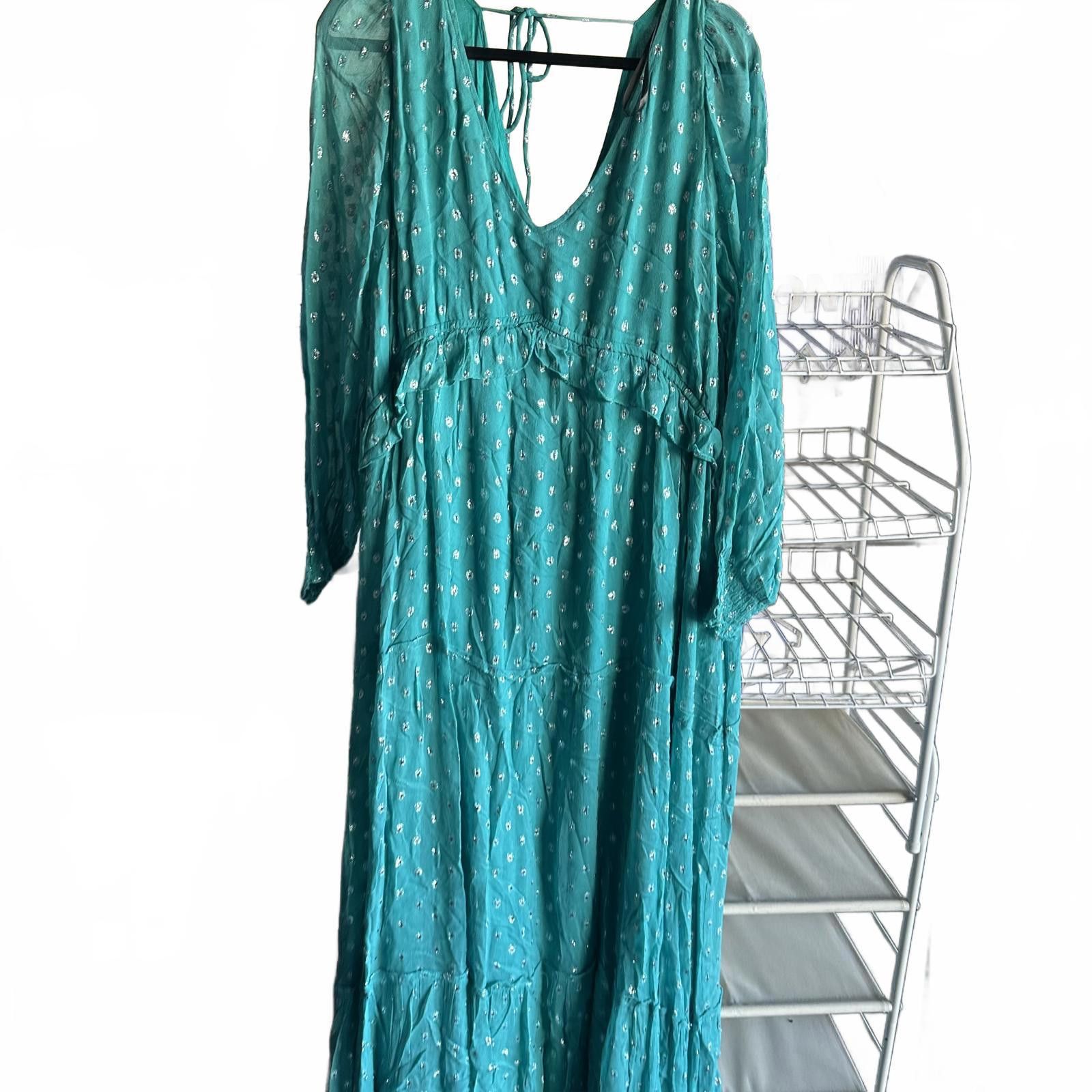 Designer Arula 1X Bohemian Chic Teal Maxi Dress with Silver Dots Size XL / US 12-14 / IT 48-50 - 2 Thumbnail
