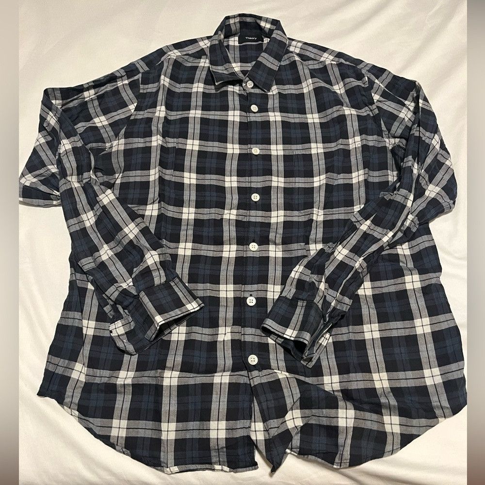 Theory Theory Navy Plaid Shirt Size US L / EU 52-54 / 3 - 1 Thumbnail