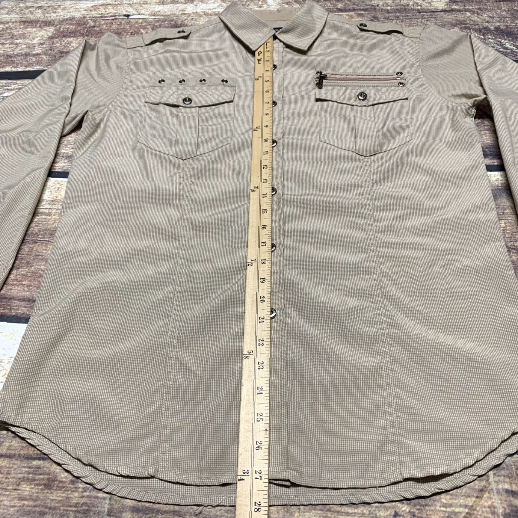 Vintage MAHRU Mens Long Sleeve Shirt Large Button-Down Light Brown Zipper Pocket Shirt Mens L Brown Button-Up 90s? Size US L / EU 52-54 / 3 - 5 Thumbnail