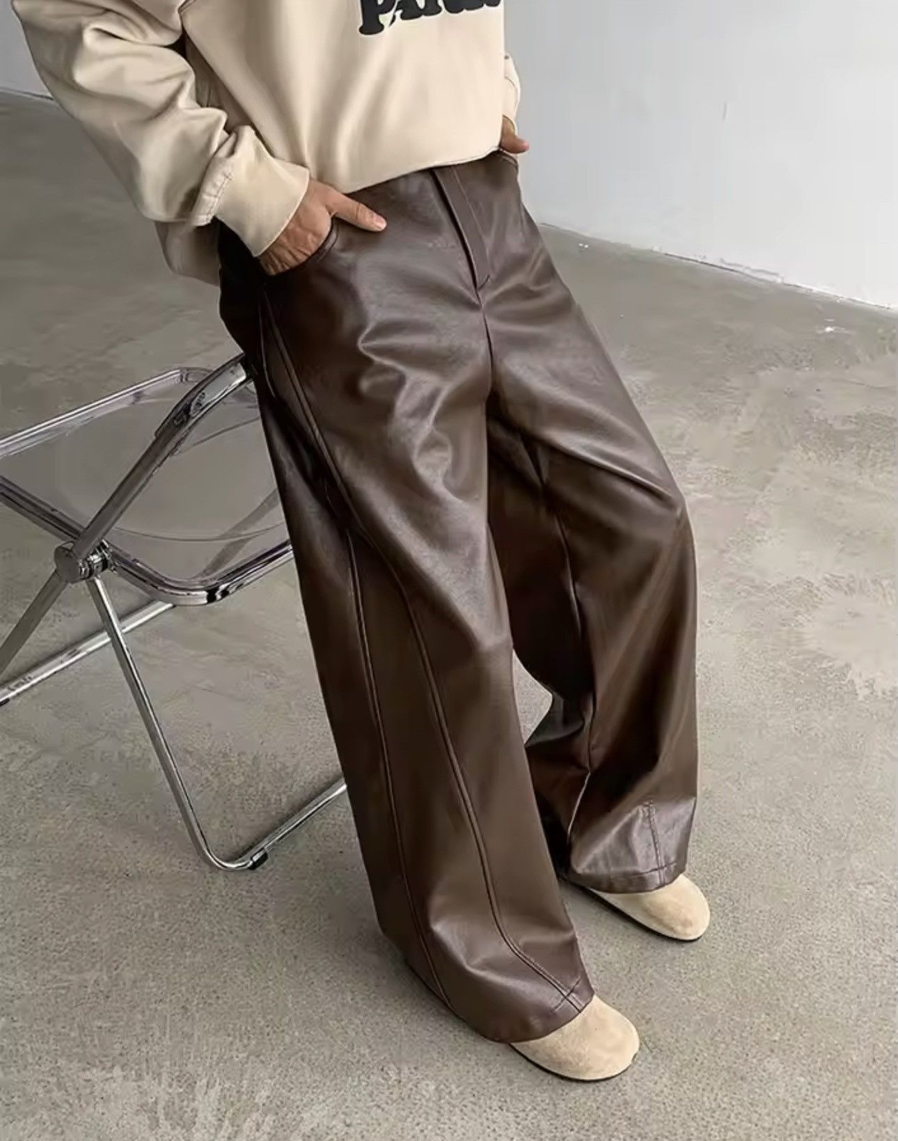 Jean Aoyama x ishi Faux Leather Brown Flare Pants Size US 29 - 1 Thumbnail