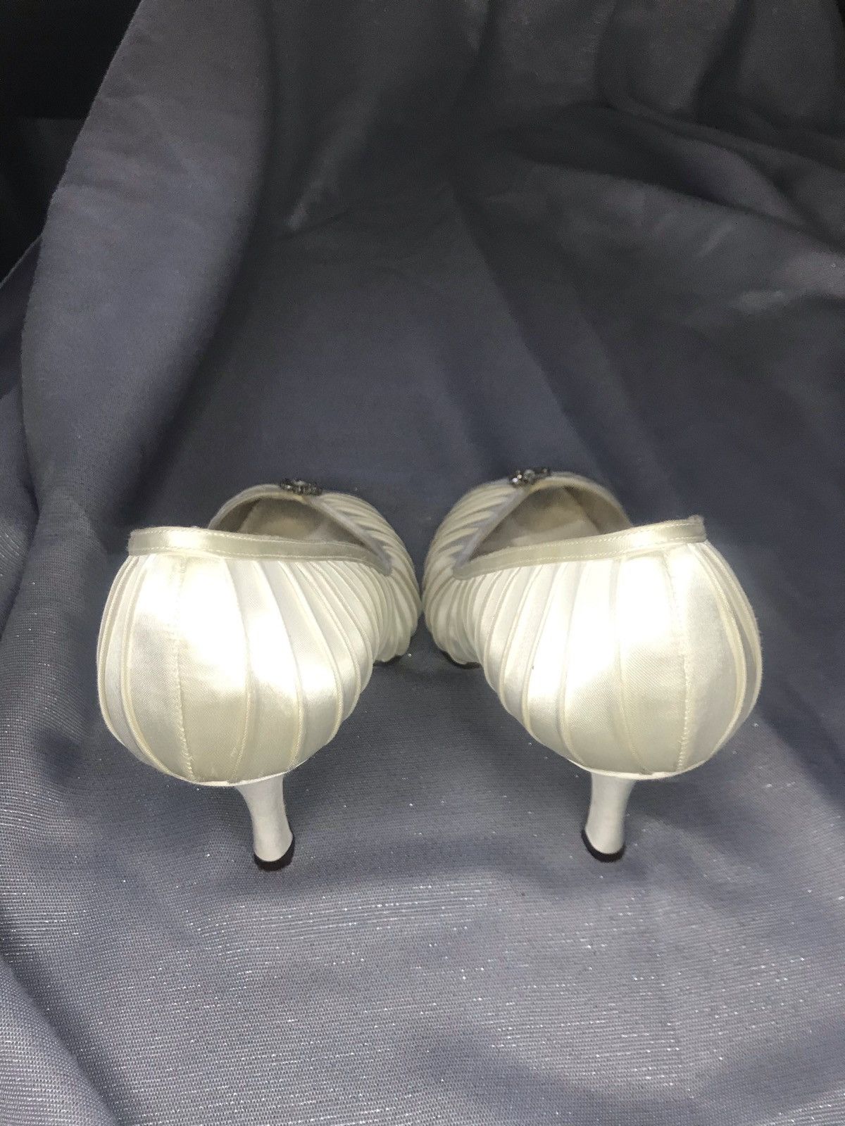 Pink Ivory Satin Peep Toe Bridal Pumps with Rhinestone and Pearl Detail Sz 9 Size US 9 / IT 39 - 2 Thumbnail