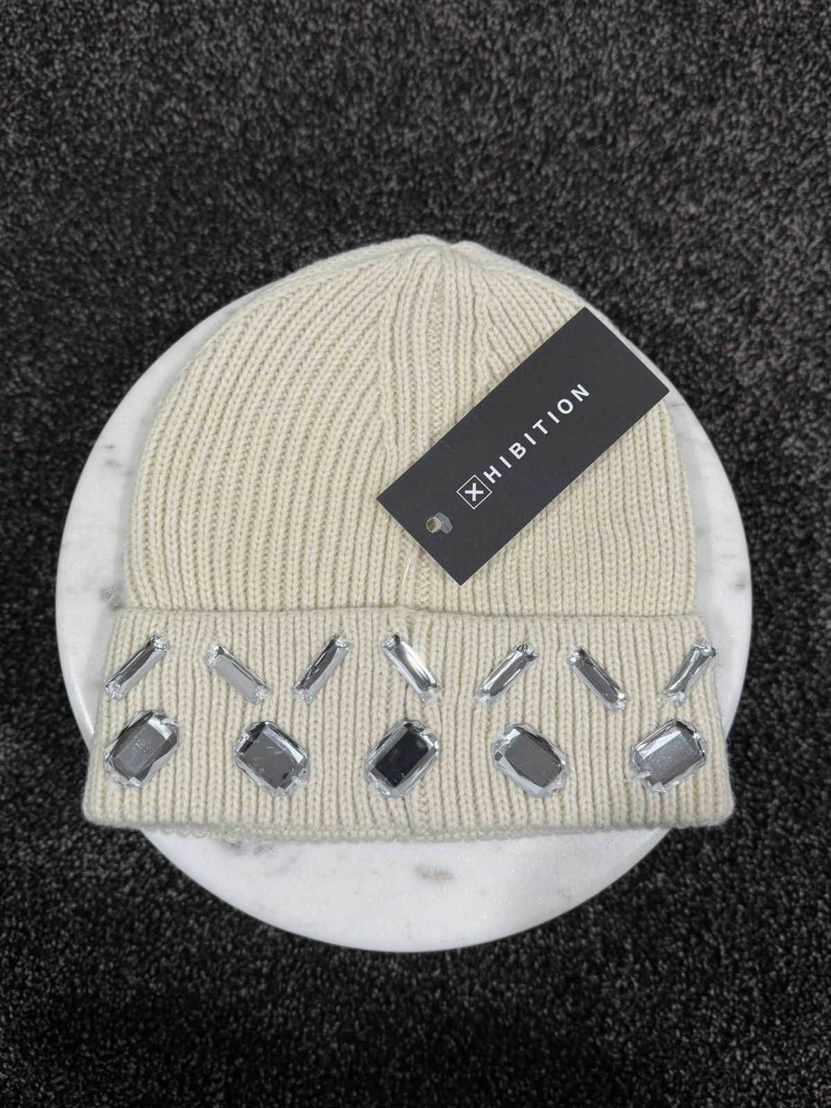 Other PRVT LBL Xhibition Embelish Gem Stones Cream Beanie Knit Hat Size ONE SIZE - 4 Thumbnail