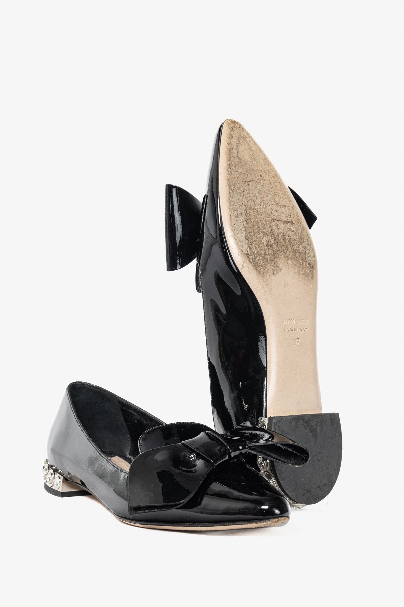 Miu Miu Miu Miu Black Patent Jewel-Heel Bow Pointed-Toe Flats Size US 6.5 / IT 36.5 - 5 Thumbnail