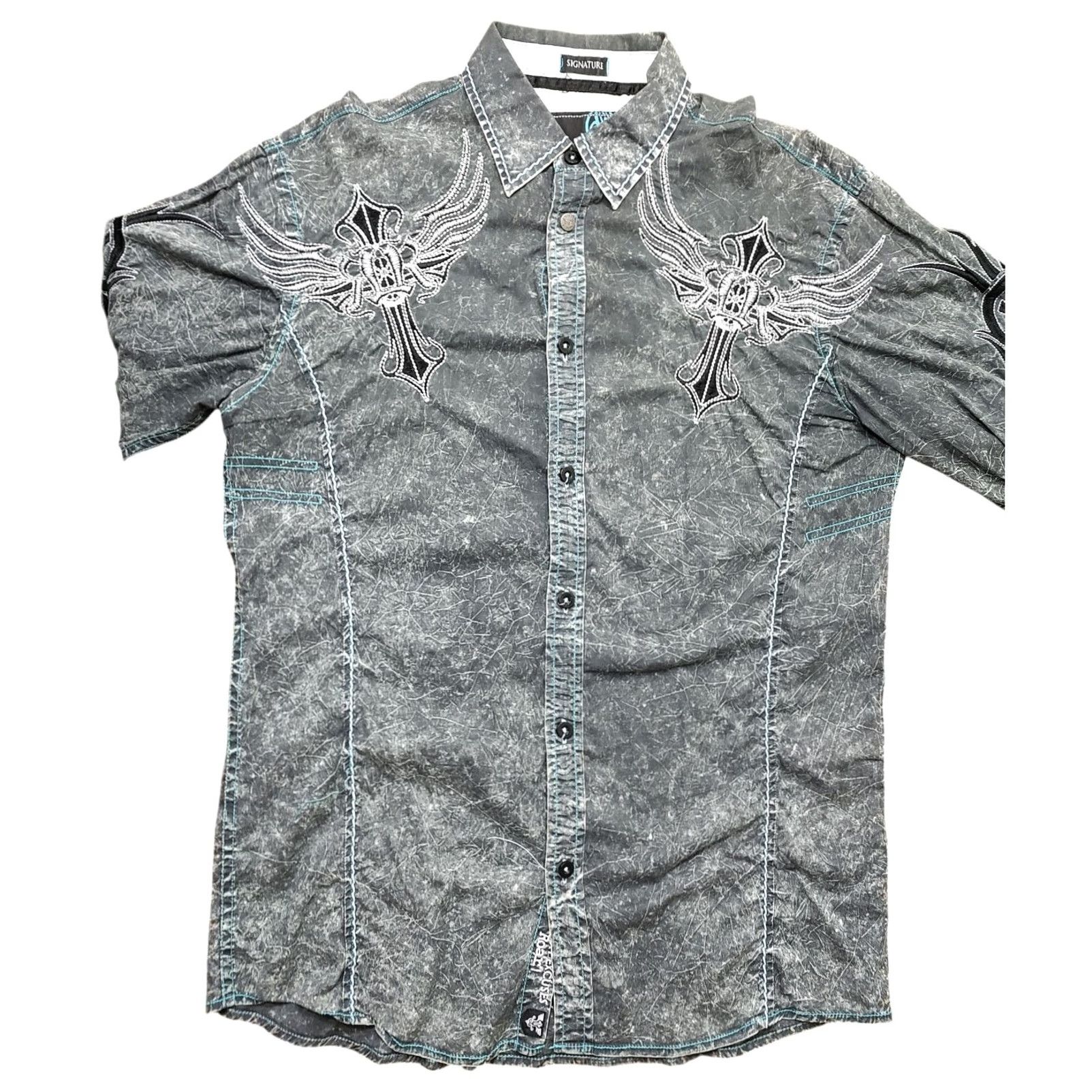 Roar Roar Shirt Mens Medium Faded Gray Embroidered Cross Long Sleeve Button Up Rock Size US M / EU 48-50 / 2 - 3 Thumbnail