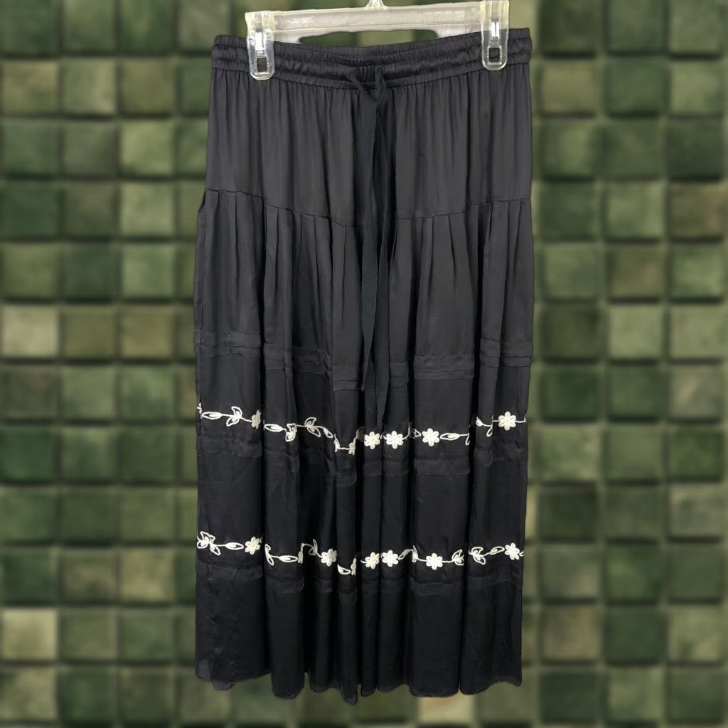 VINTAGE The Great Skirt Womens 2 Black Embroidered Boho Floral Midi Pull-On Viscose