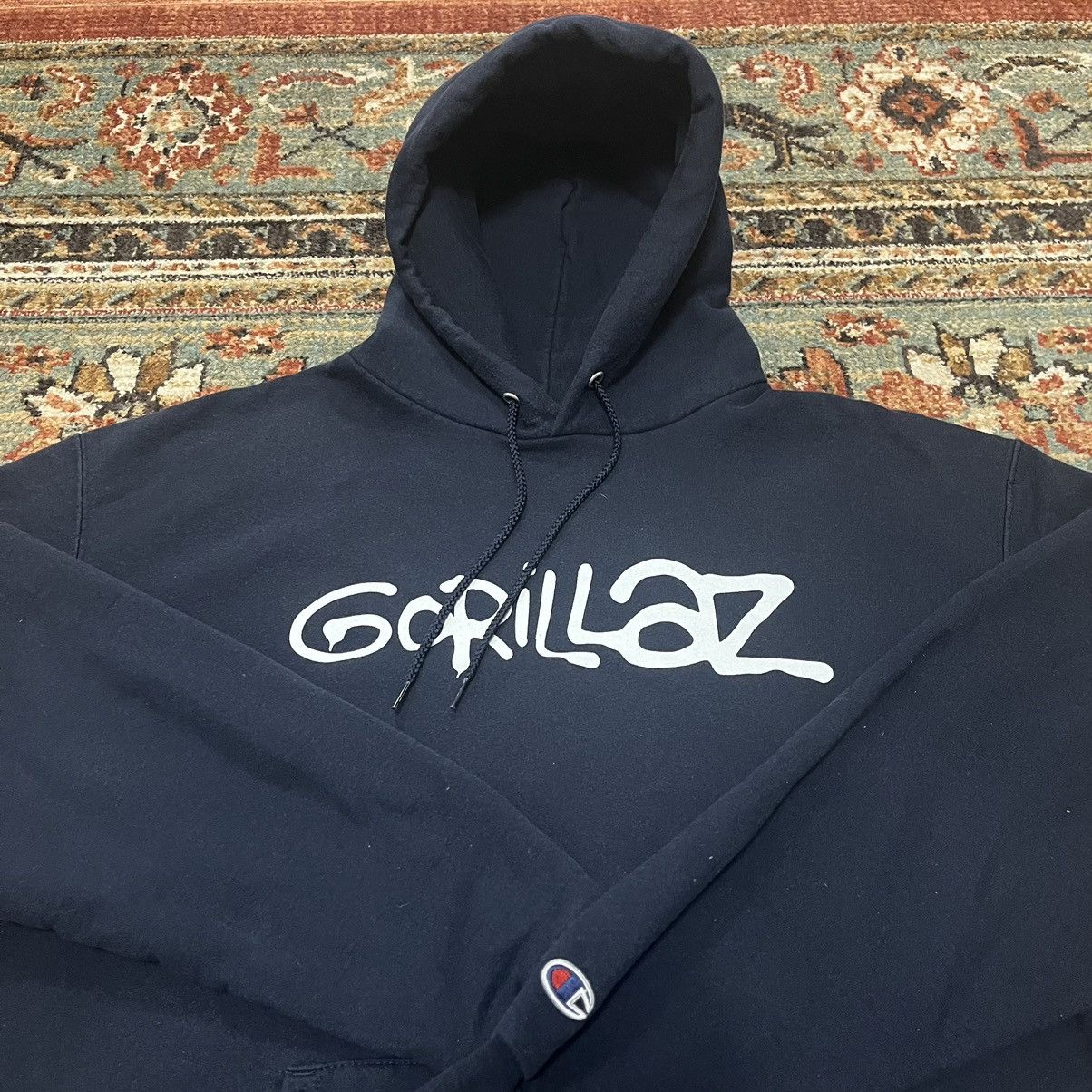 image of Band Tees x Vintage Gorillaz Logo XL Champion Hoodie Sweatshirt in Blue, Men's