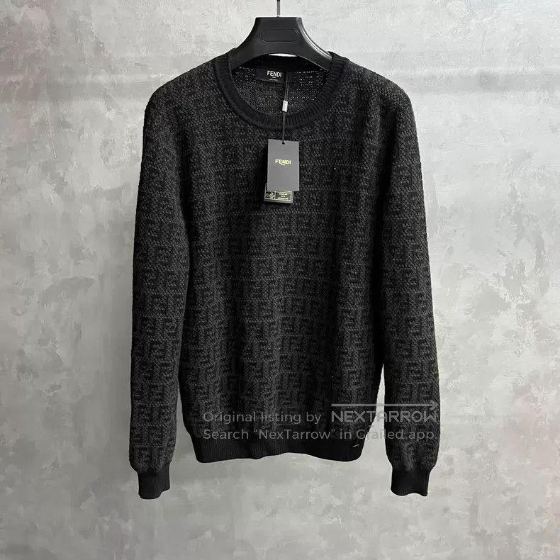 Fendi Brown Logo Embroidered Round Neck Long Sleeve Knit T