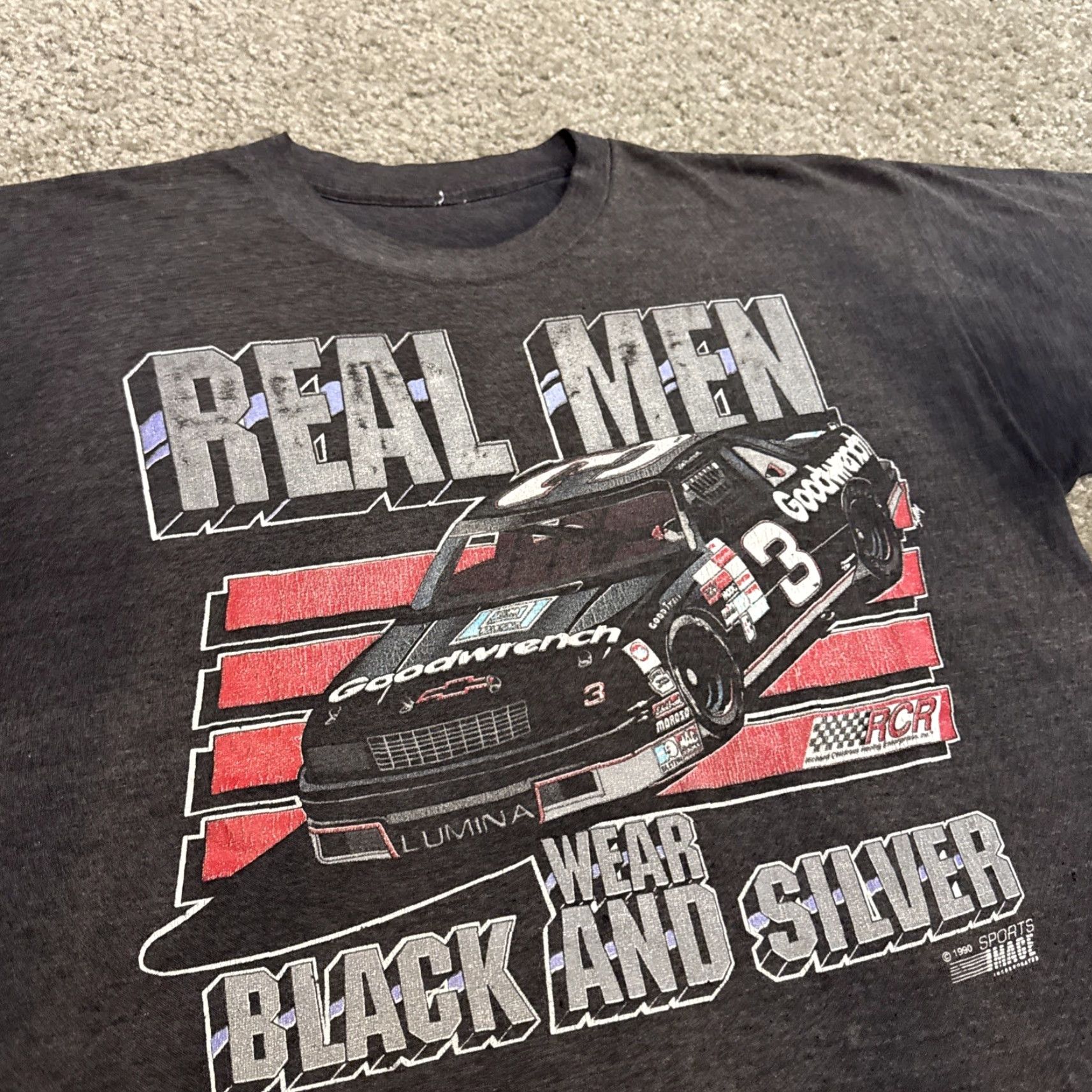 NASCAR VINTAGE Dale Earnhardt Real Men Wear Black Silver Tee NASCAR Shirt Mens L Black 1990s Size US L / EU 52-54 / 3 - 3 Thumbnail