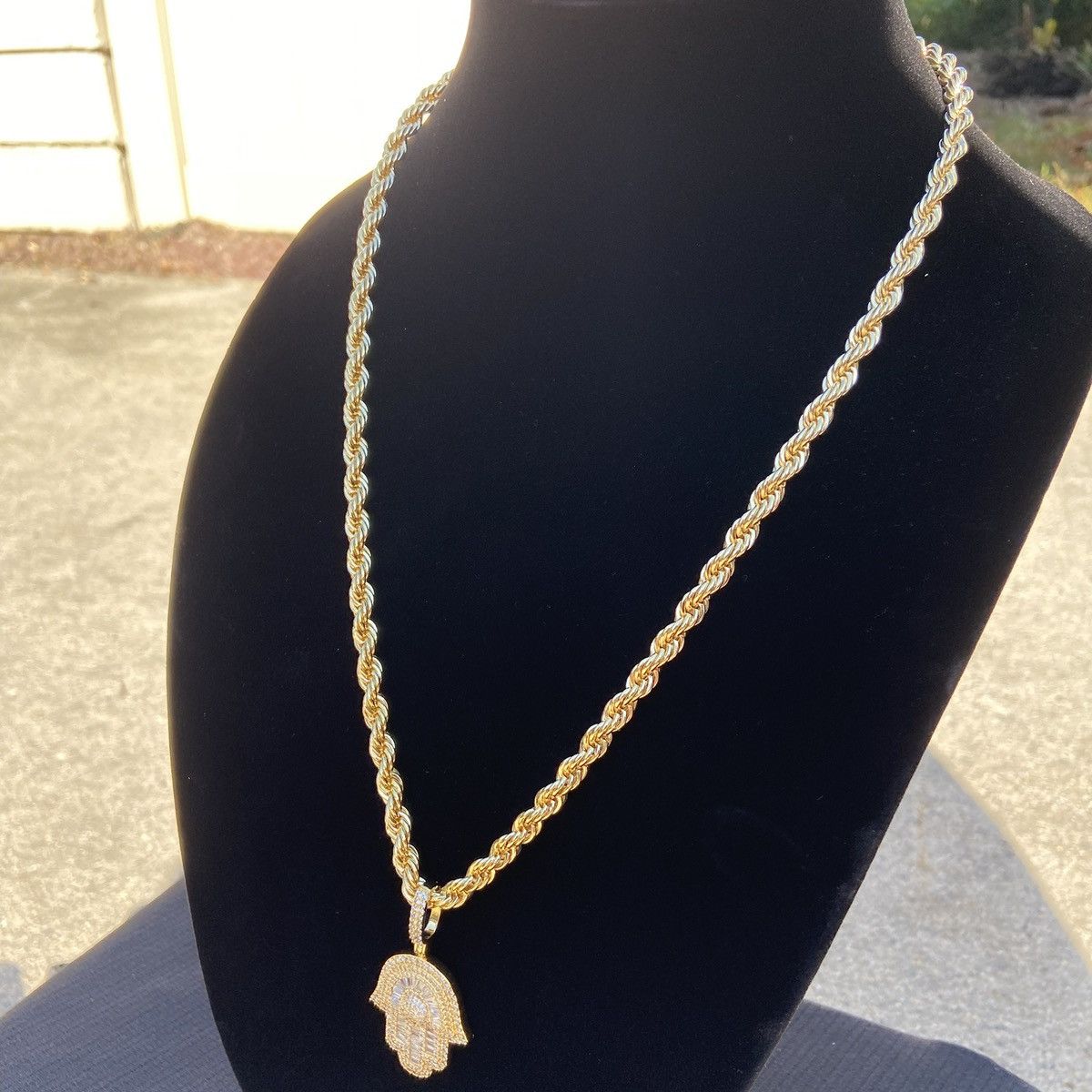 Jewelry Gold Chain Rope Chain Necklace 24in 6mm and Hamsa Hand Charm Size ONE SIZE - 3 Thumbnail