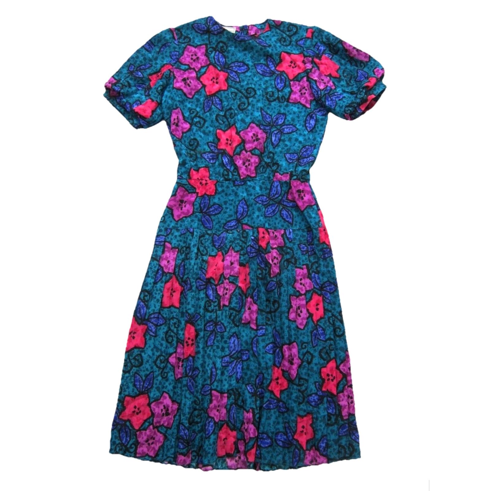 Vintage Vtg Maggy Boutique Green Blue Pink Floral Short Sleeve Pleated Sheath Dress 12 Size 34" / US 12 / IT 48 - 2 Thumbnail