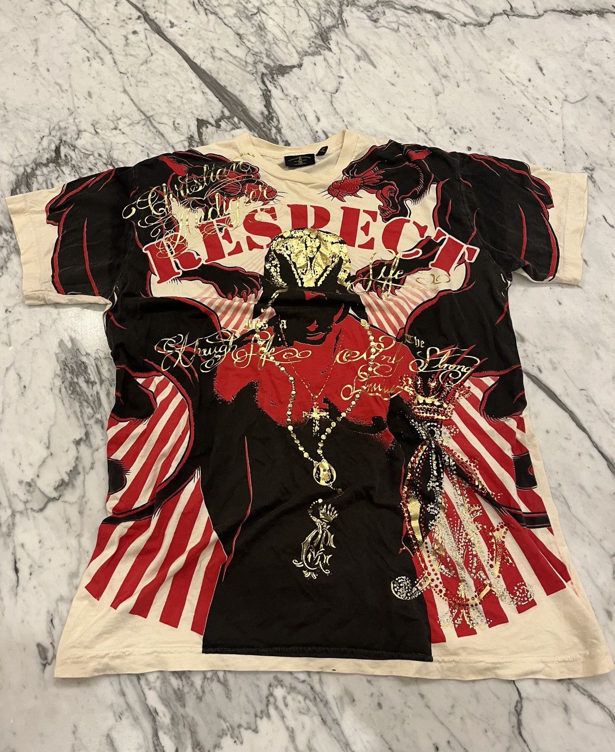 image of Christian Audigier x Ed Hardy Vintage Christian Audiger Tupac Tribute All Over Print Tee in White (