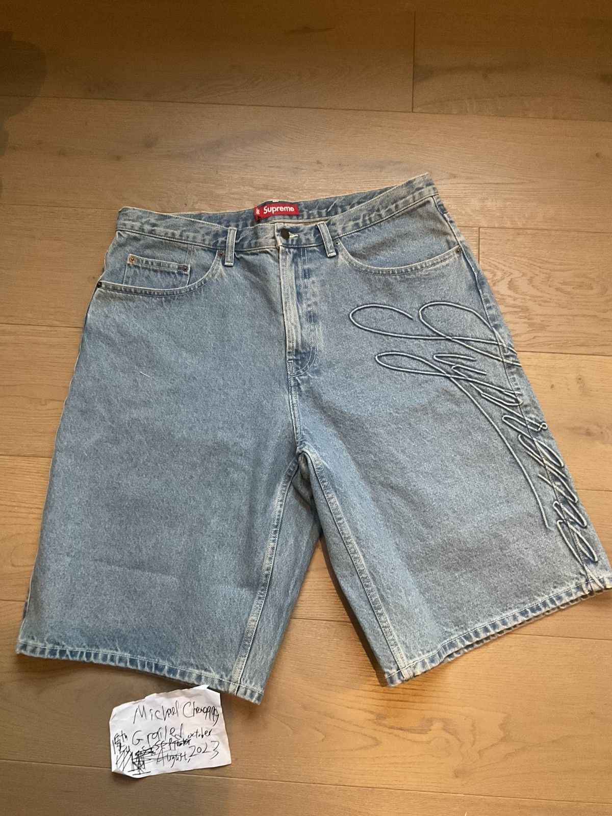 image of Supreme Script Baggy Denim Short Ss24 in Blue, Men's (Size 36)