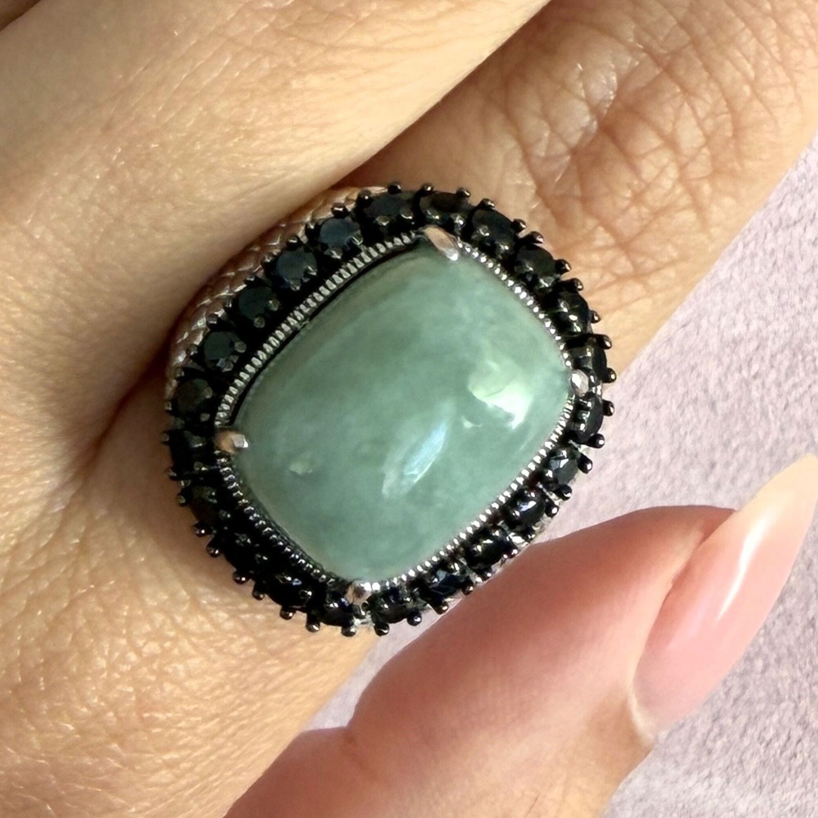 Sterling Silver sterling silver jade & black tourmaline halo ring size 6 Size ONE SIZE - 1 Thumbnail
