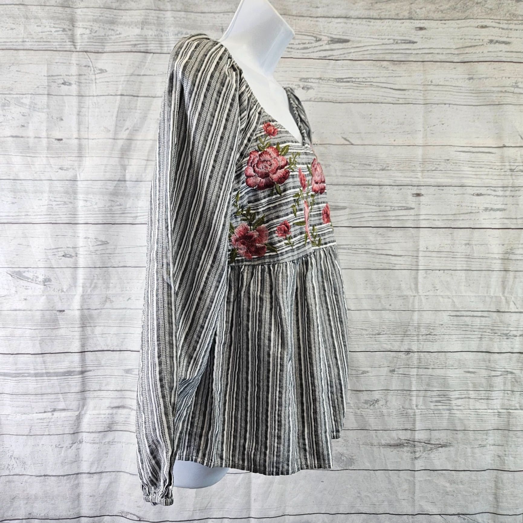 Pinko Savanna Jane Womens Blouse Size S Gray Pink Floral Stripe Embroidered Cotton Top Size S / US 4 / IT 40 - 3 Thumbnail