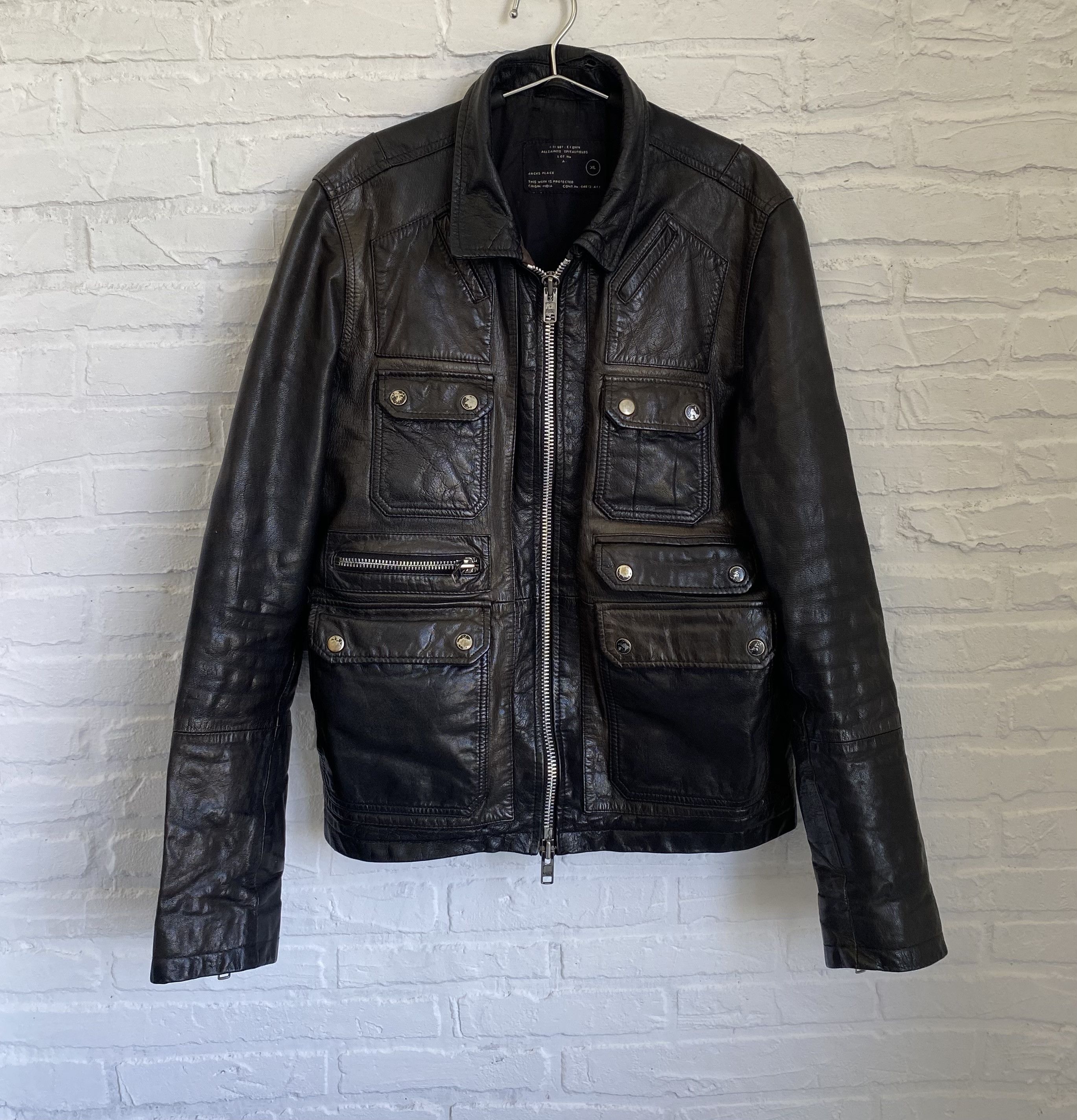 image of Allsaints x Leather Jacket All Saints Habanero Leather Biker Jacket in Black Dye, Men's (Size XL)