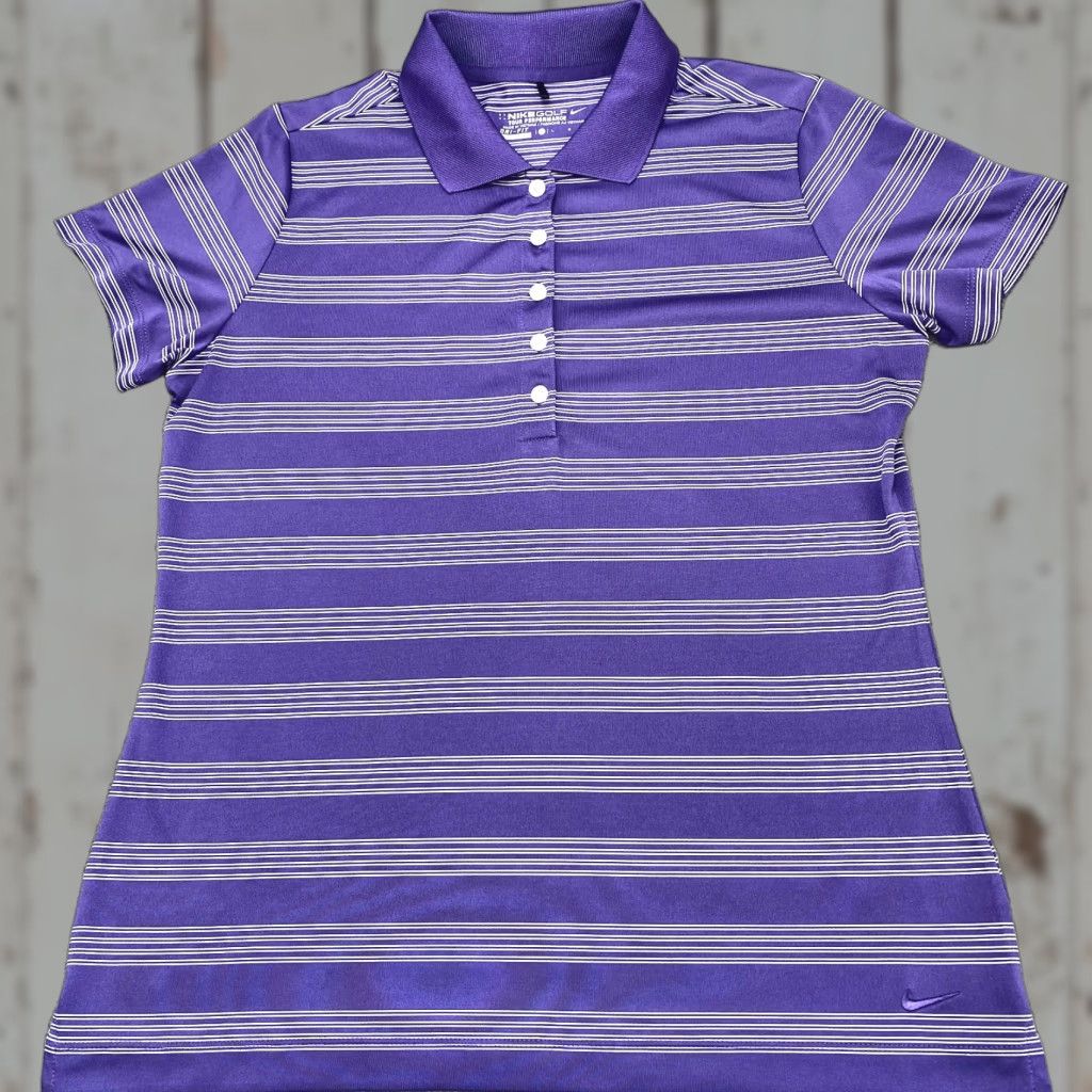 Nike VINTAGE Nike Golf Tour Performance Dri-Fit Polo Shirt Womens Large Purple White Striped Size L / US 10 / IT 46 - 1 Thumbnail
