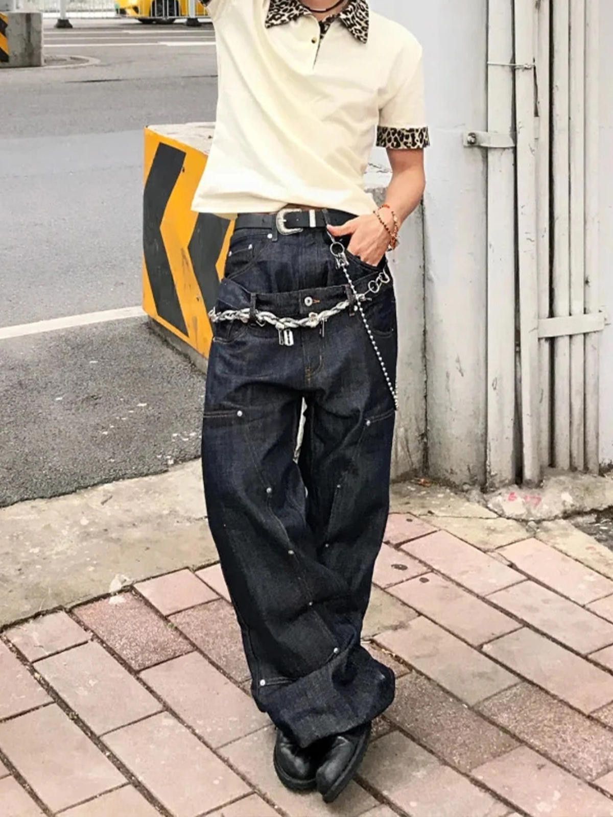 Jean Double Waist Wide Leg Raw Button Stud Denim Jeans Size US 32 / EU 48 - 6 Thumbnail