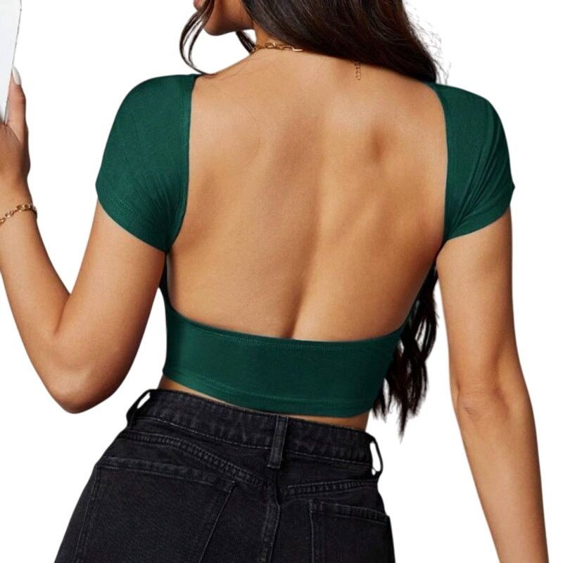 Shein Petite Backless Short Sleeve T-Shirt in Green, Size SP Size S / US 4 / IT 40 - 2 Thumbnail