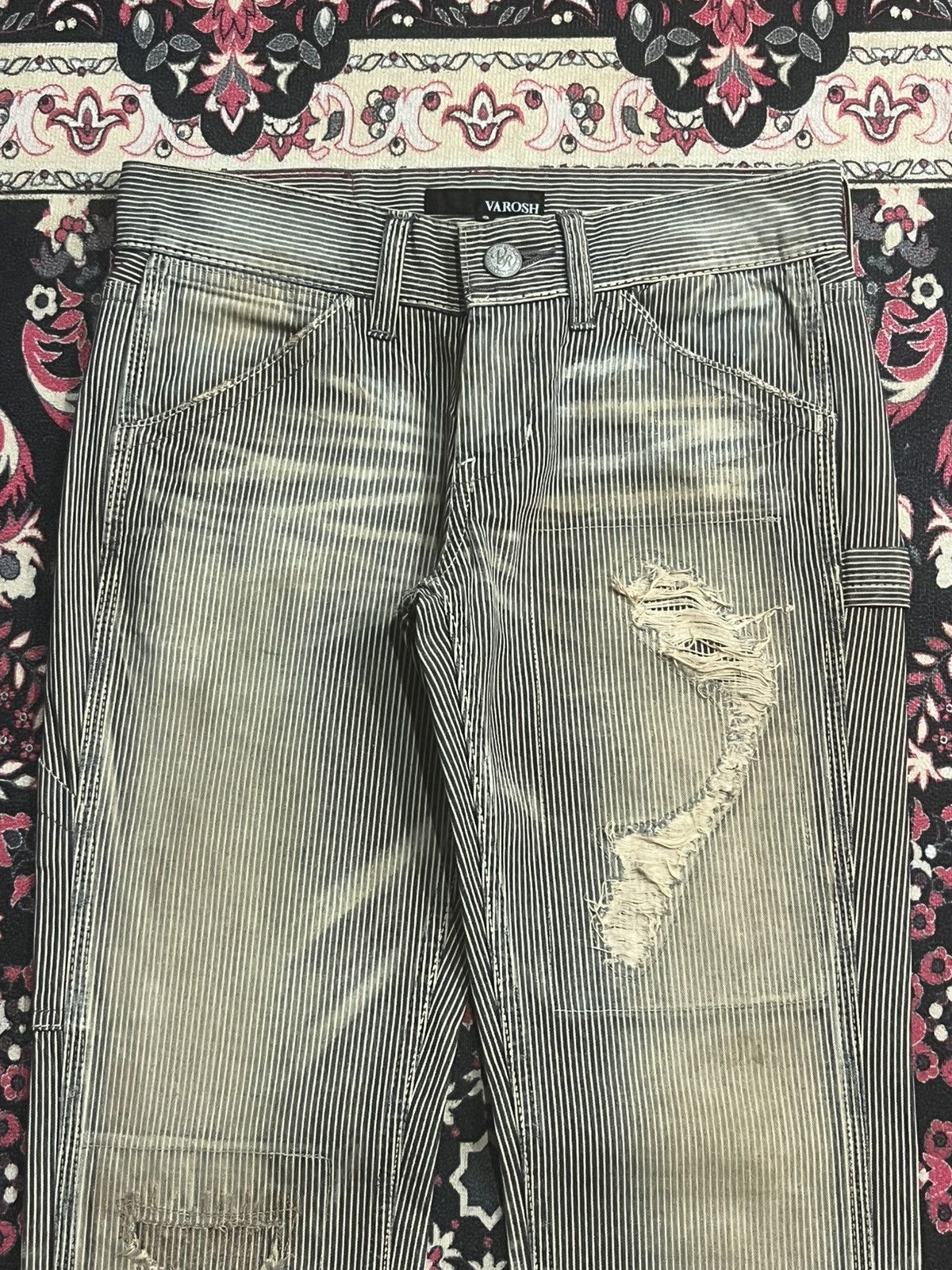 Japanese Brand American Varosh Pinstripe Double Knee Ripped Flared Jeans Size 28" / US 6 / IT 42 - 4 Thumbnail