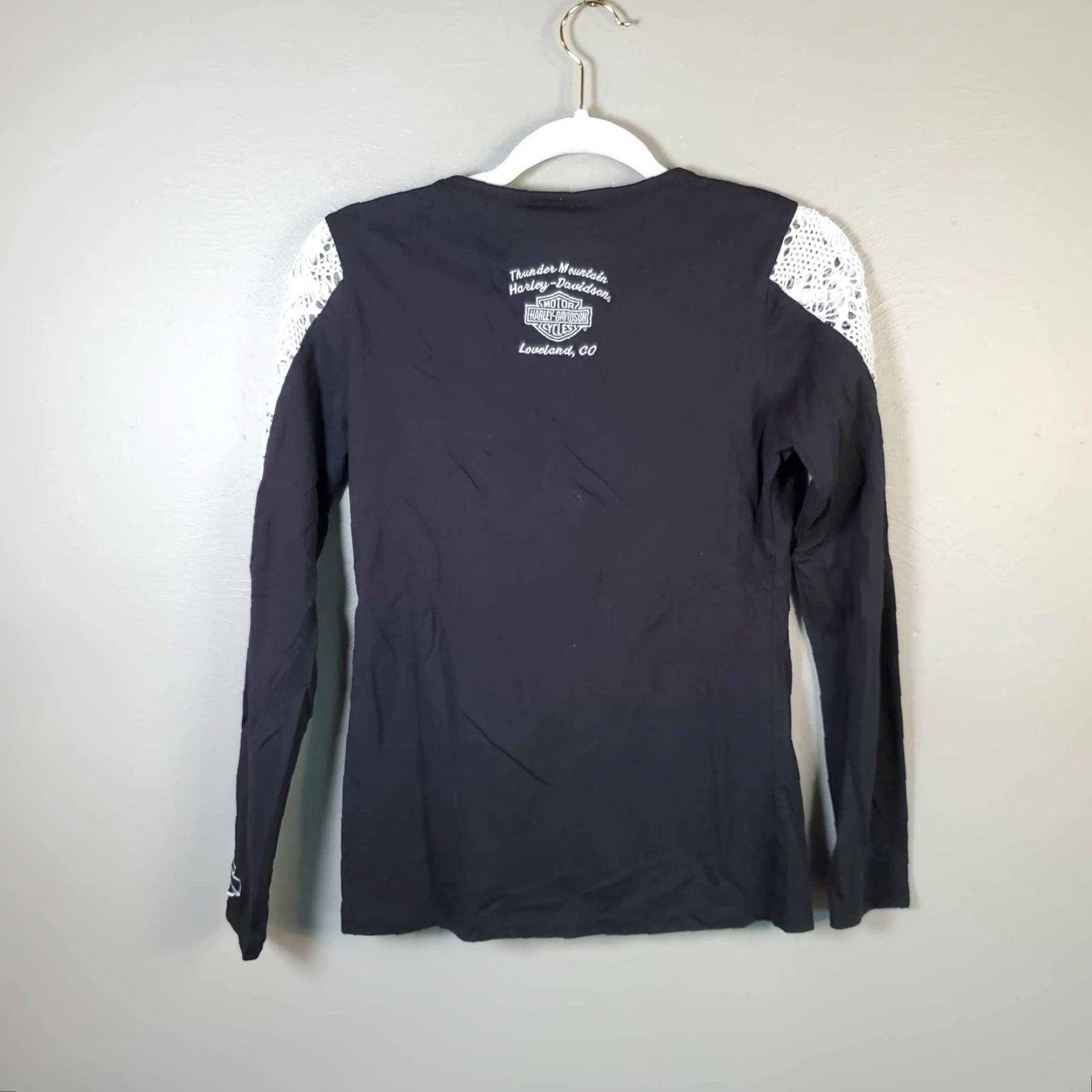 Harley Davidson VINTAGE Harley-Davidson Womens Long Sleeve Lace Shirt Black M Adult Womens Shirt Lace 90s Loveland CO Size M / US 6-8 / IT 42-44 - 2 Thumbnail
