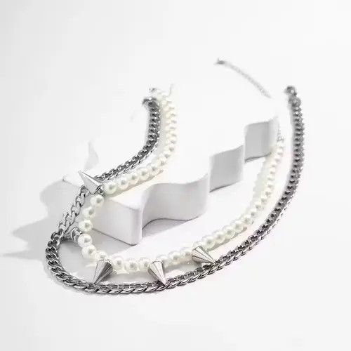 Jewelry × Vintage Layered Pearl Beads Chain with Spikes Short Choker Necklace Size ONE SIZE - 4 Thumbnail