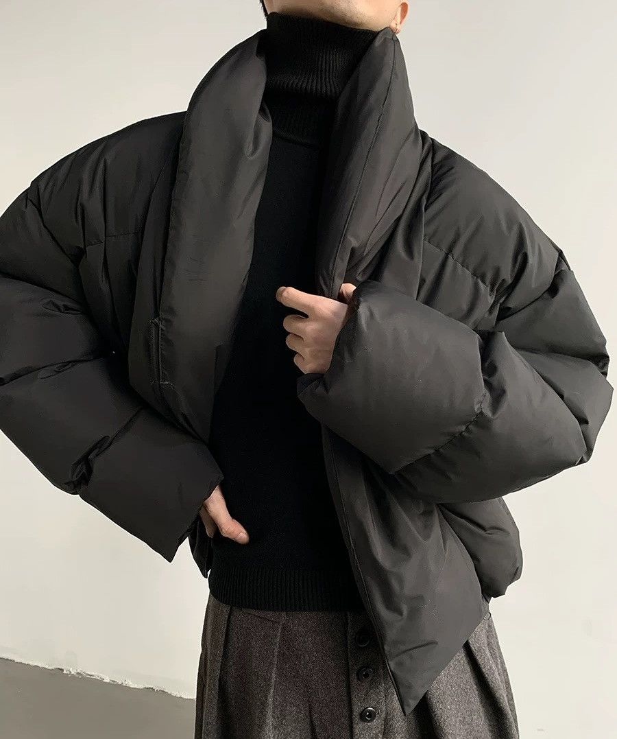 Avant garde wrap shawl collar quilted puffer jacket coat