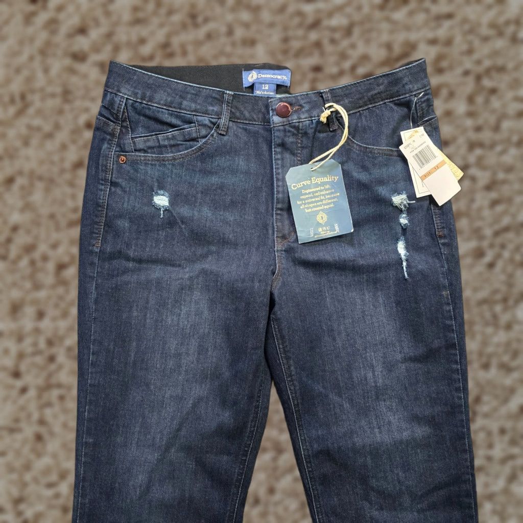 Democracy Jeans Women Size 12 Blue Straight Leg Denim Capsule Absolution Raw Hem Stretch 5-Pocket Regular Rise High Inseam 27 in