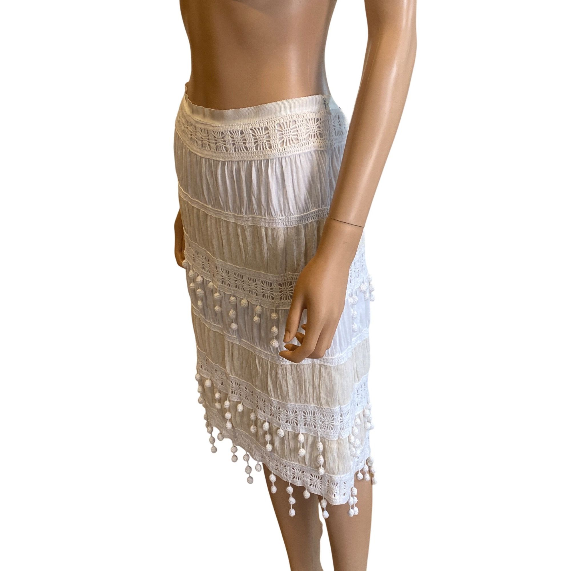 Trina Turk Trina Turk Skirt w/ Pom Poms Women's 12 Ivory Beige Cotton Size 34" / US 12 / IT 48 - 3 Thumbnail