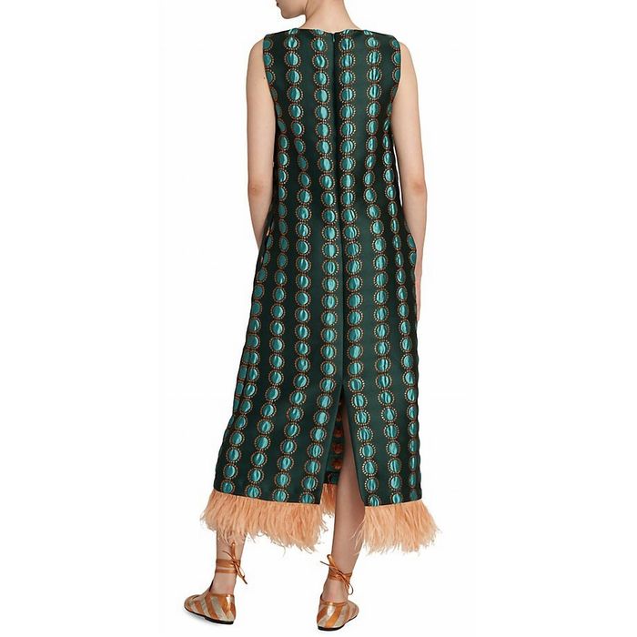 Column feather-trimmed metallic jacquard midi dress