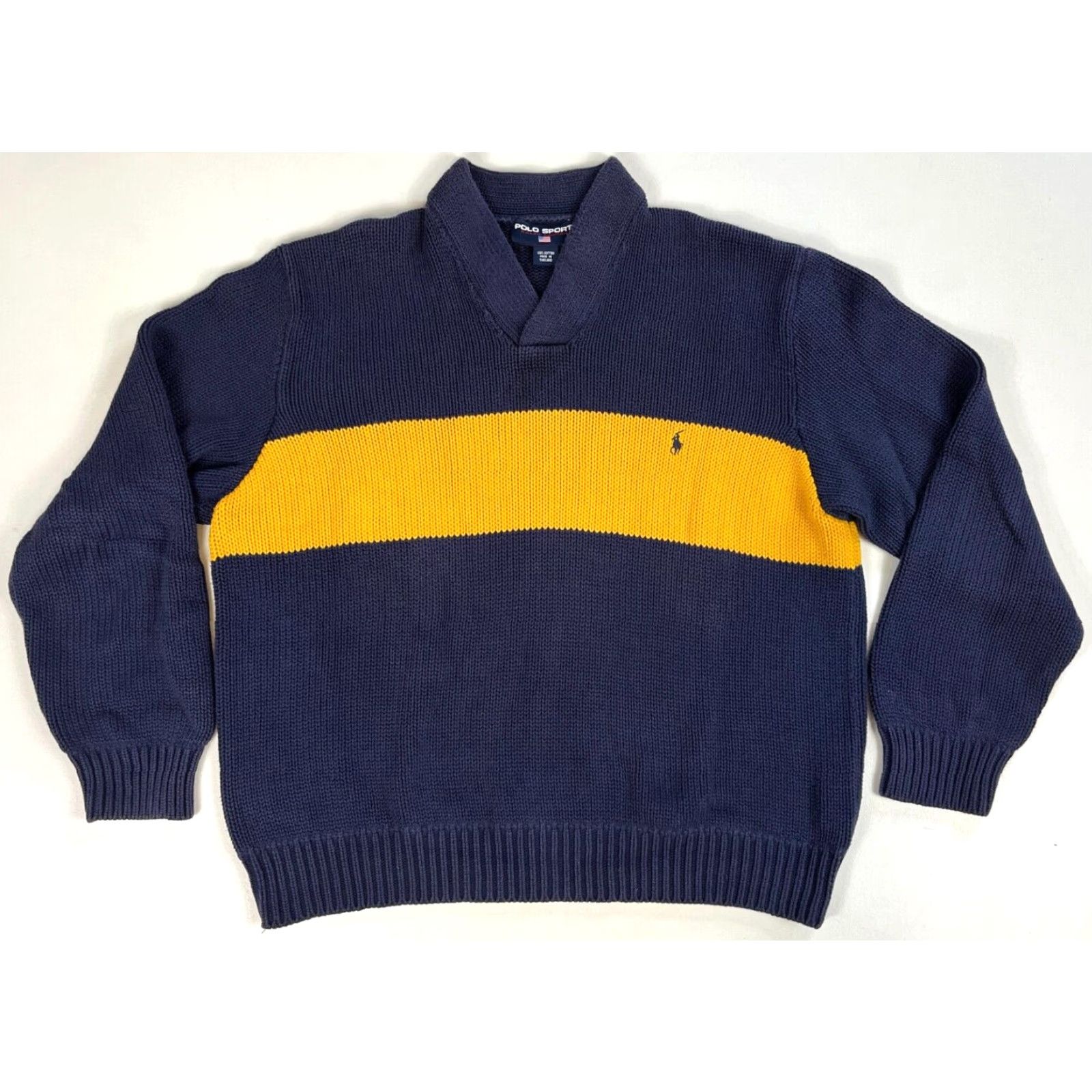 Polo Ralph Lauren Polo Sport Ralph Lauren Men's V-Neck Knit Polo Sport Ralph Lauren Sweater XL Navy Stripe 90s Vintage Pullover Sweatshirt Womens Mens? Size US XL / EU 56 / 4 - 2 Thumbnail
