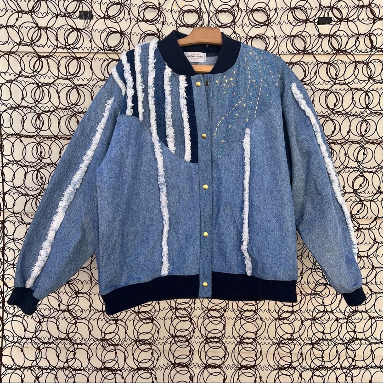 90s handmade denim bomber jacke frayed fringe & star detail