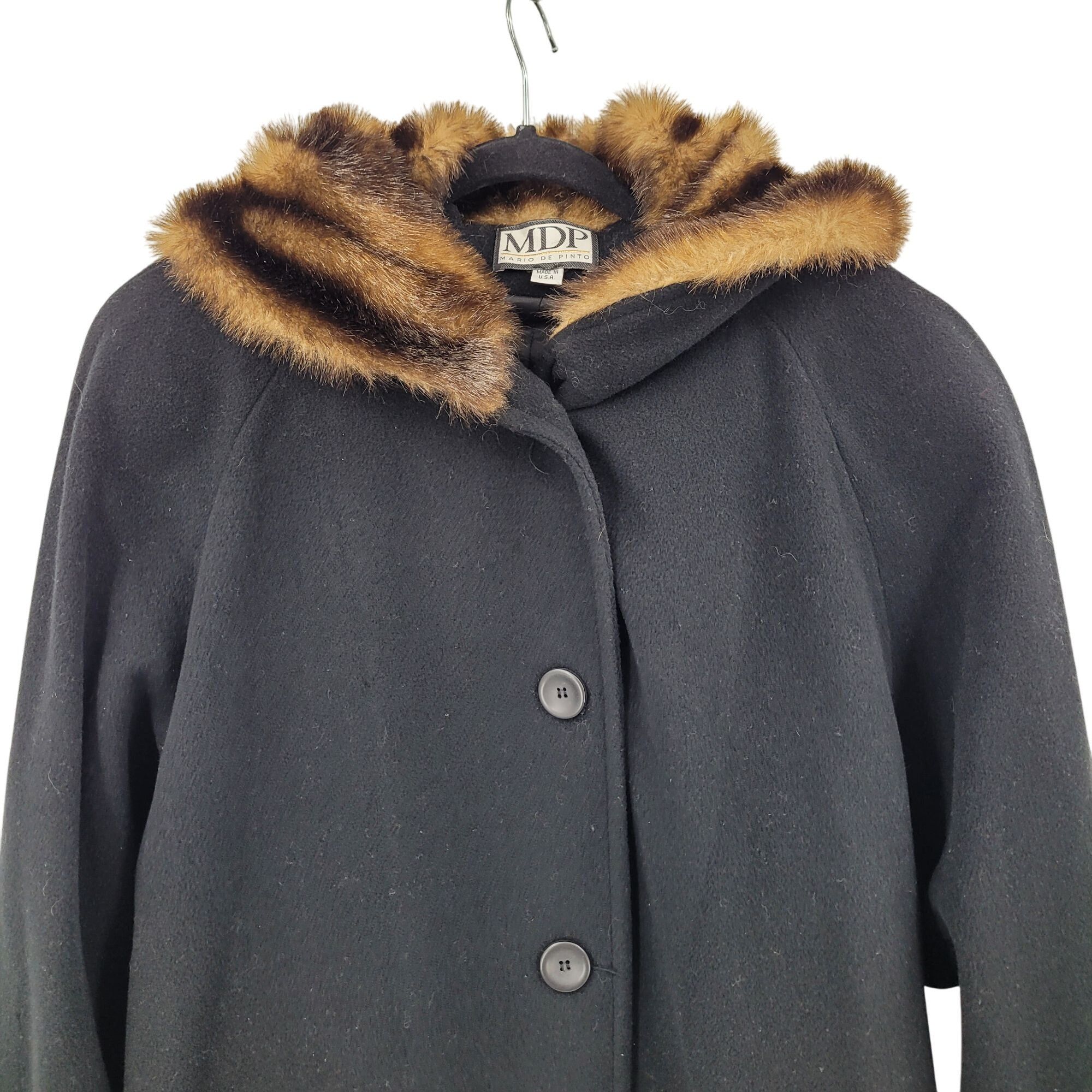 Vintage Vintage 80s Black Wool Coat 2X Faux Fur Hood Cuffs Button Fr Size XXL / US 16-18 / IT 52-54 - 4 Thumbnail