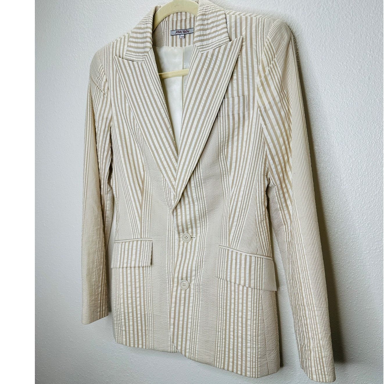 Other Alvin Valley Tan & Cream Stripe 3-Button Blazer Jacket 34 Size S / US 4 / IT 40 - 3 Thumbnail