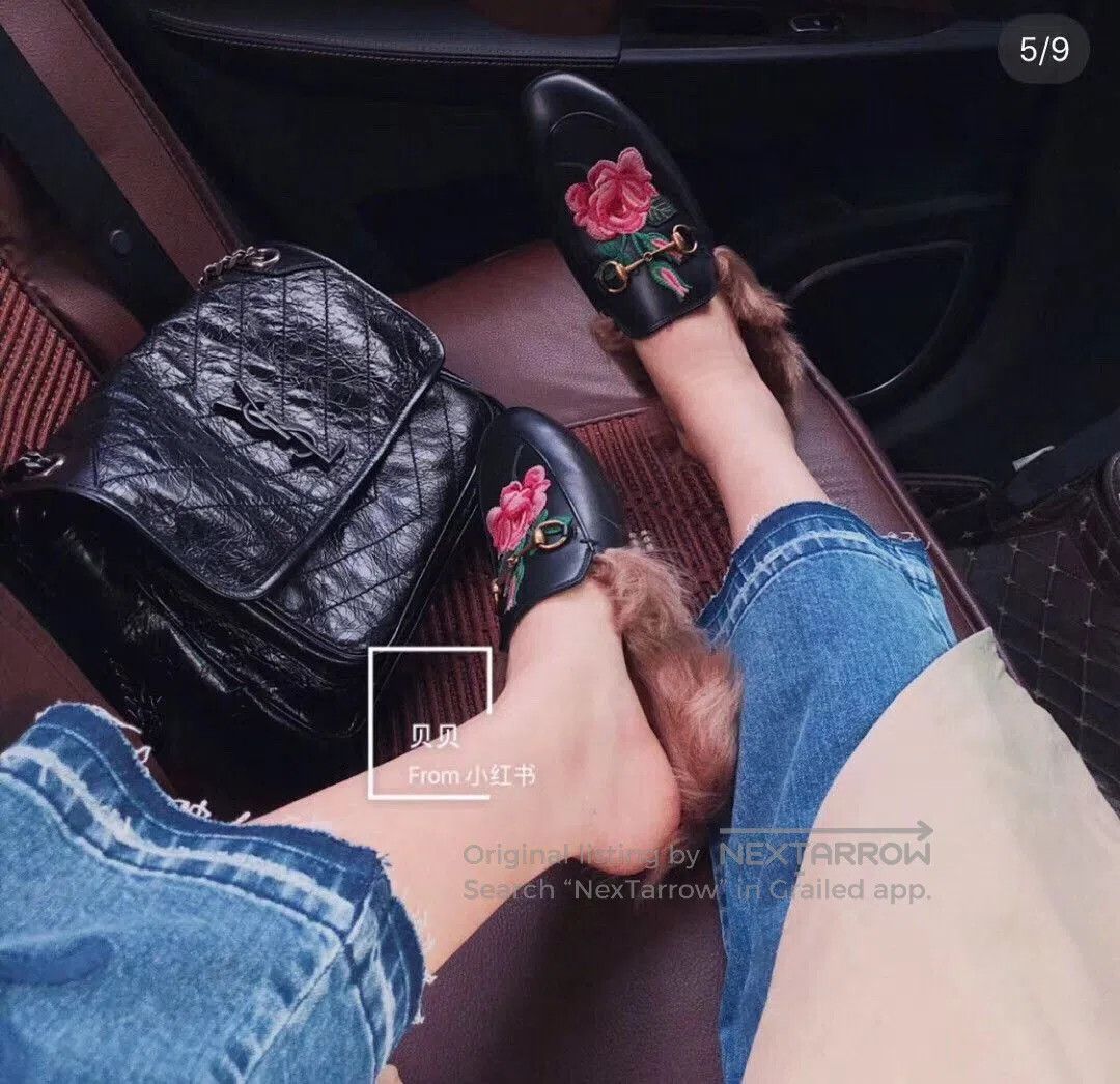 Gucci Gucci Floral Embroidered Fur Slippers. Size US 4 / IT 34 - 5 Thumbnail