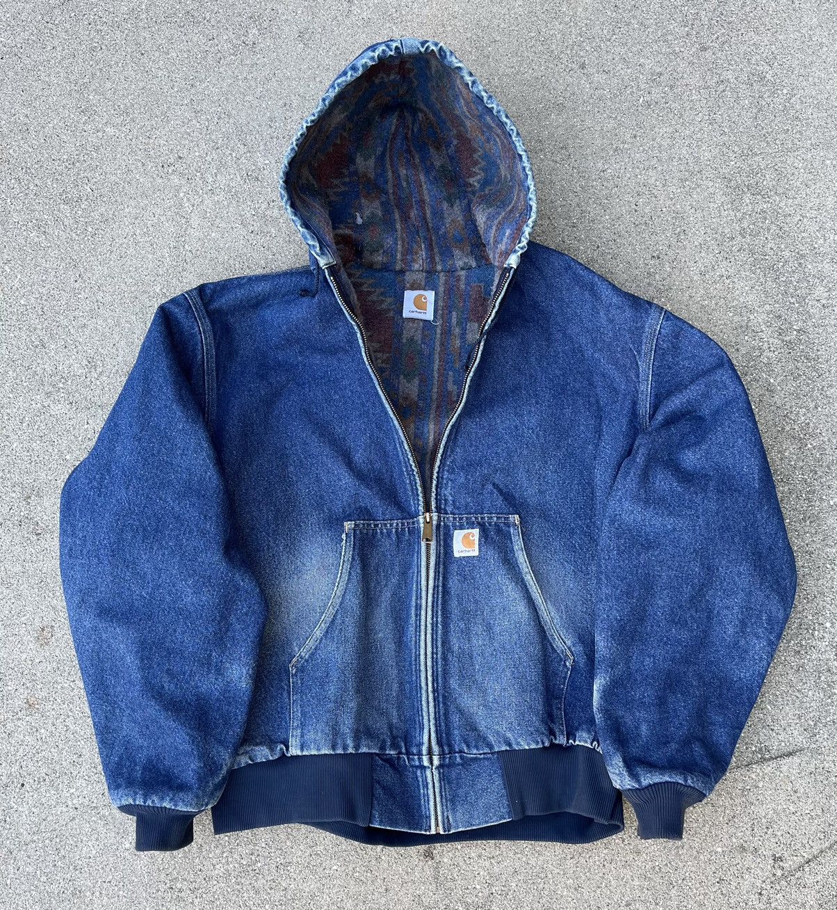 image of Vintage Carhartt Denim Hood Jean Jacket Aztec Blanket Lined in Blue, Men's (Size Large)
