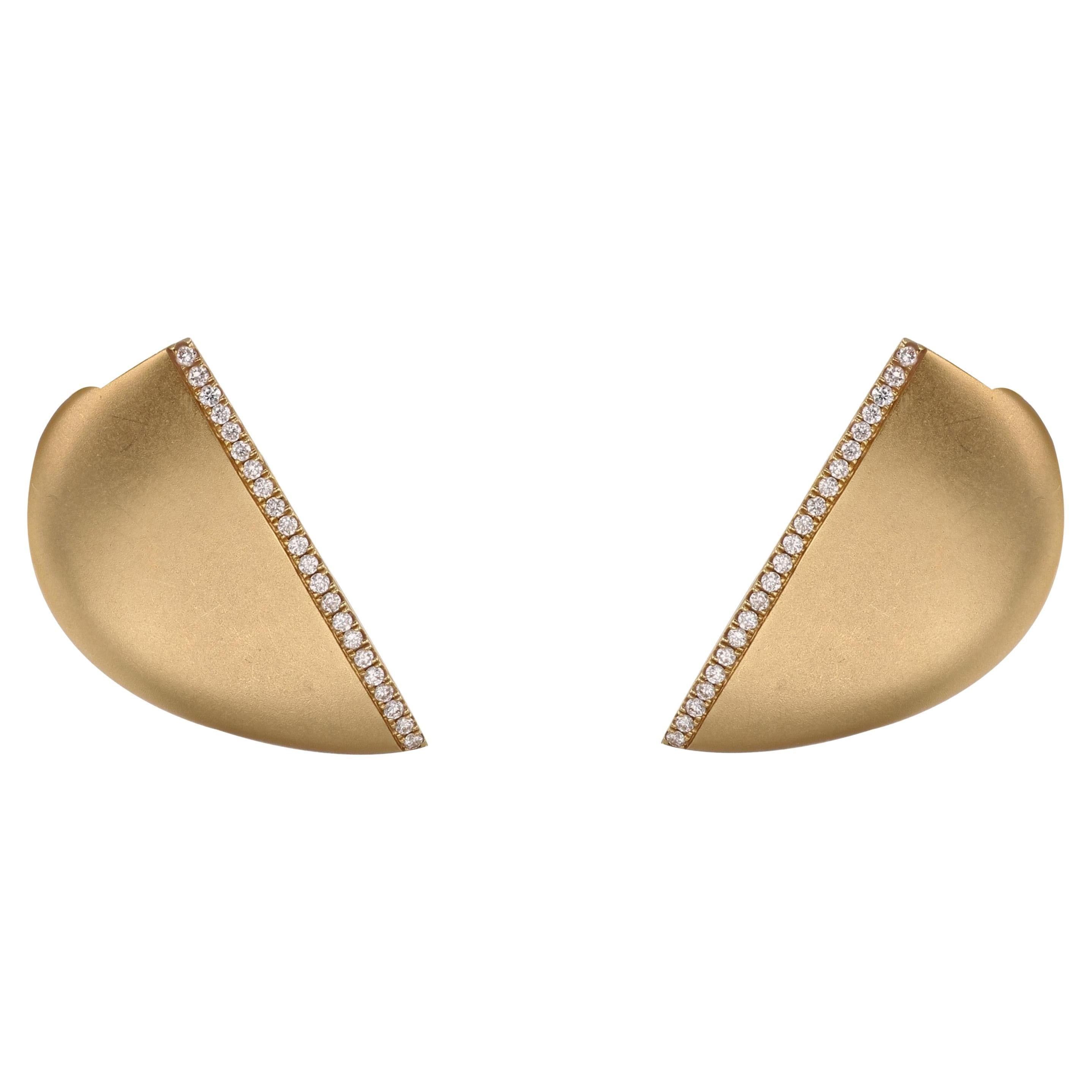 image of Vintage French Modern Diamonds 18 Karat Yellow Brushed Gold Ofee Earrings, Women's