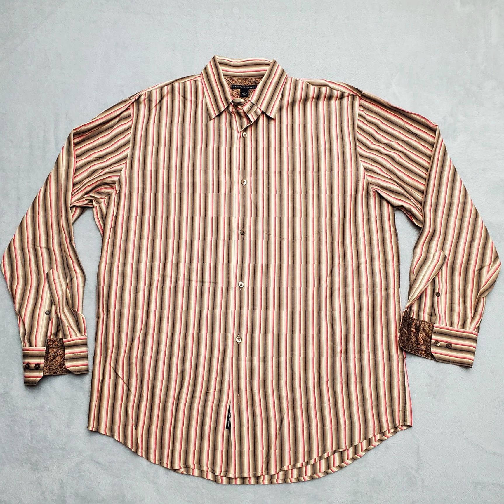 Banana Republic Banana Republic Mens Shirt L Long Sleeve Striped Paisley Cuffs Button-Up, Brown, Cotton, Classic, Vintage, Casual, Button-Up Mens L Size US L / EU 52-54 / 3 - 2 Thumbnail