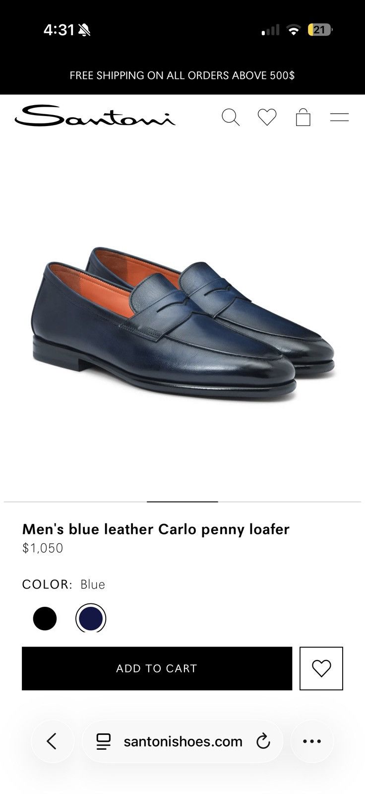 Santoni Santoni Men's Blue Leather Carlo Penny Loafer Size US 9.5 / EU 42-43 - 1 Thumbnail
