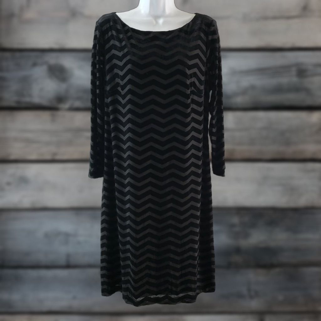 Vintage Eliza J Womens Dress Size 16 Black Chevron 3/4 Sleeve Boat Neck Zip Shift Vintage No Size XXL / US 16-18 / IT 52-54 - 1 Thumbnail