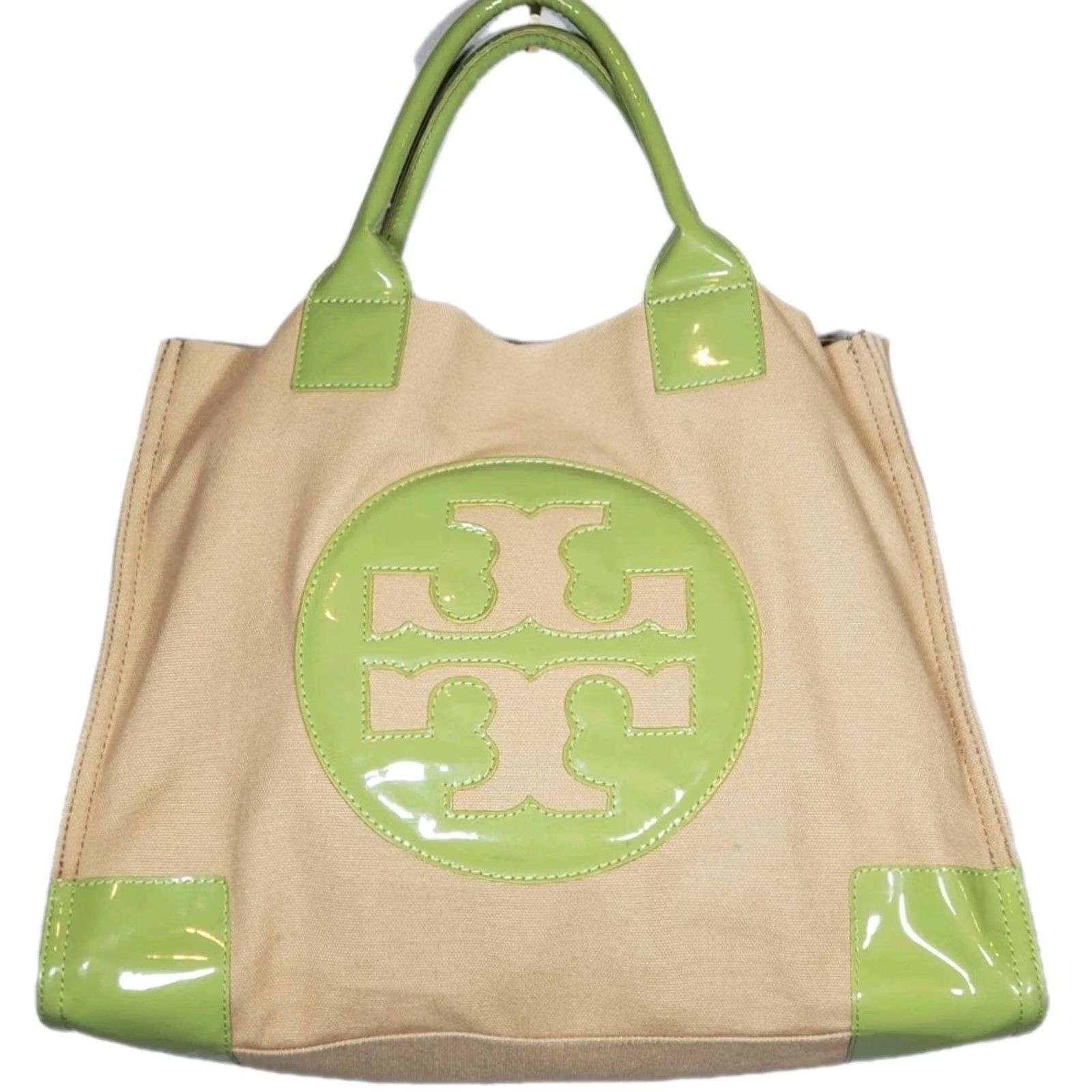 Tory Burch Tory Burch Ella Tote Bag Large Light Beige Canvas Sage Green Patent Leather Expandable Size ONE SIZE - 2 Thumbnail