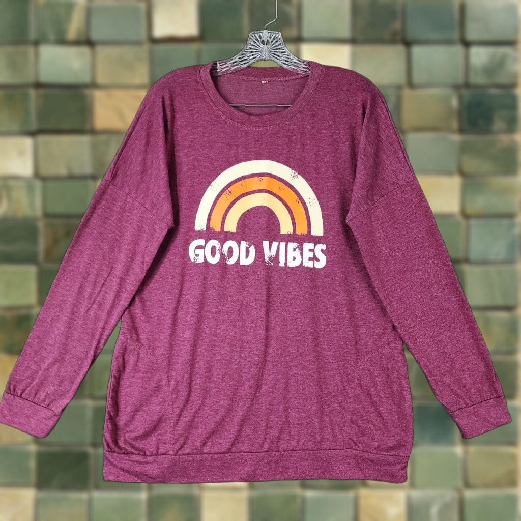 Vintage UNBRANDED Women's Purple Long Sleeve T-Shirt with Pockets, Size M, Good Vibes Size M / US 6-8 / IT 42-44 - 1 Thumbnail