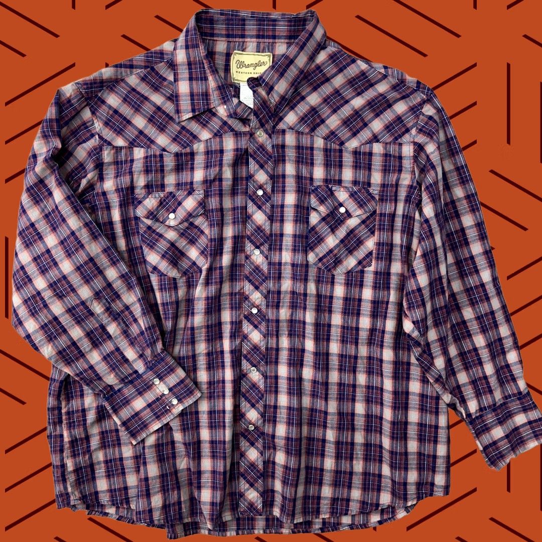 Wrangler VINTAGE Wrangler Western Shirt Blue Orange Plaid Pearl Snap / Men's 3XL Size US XXL / EU 58 / 5 - 1 Thumbnail