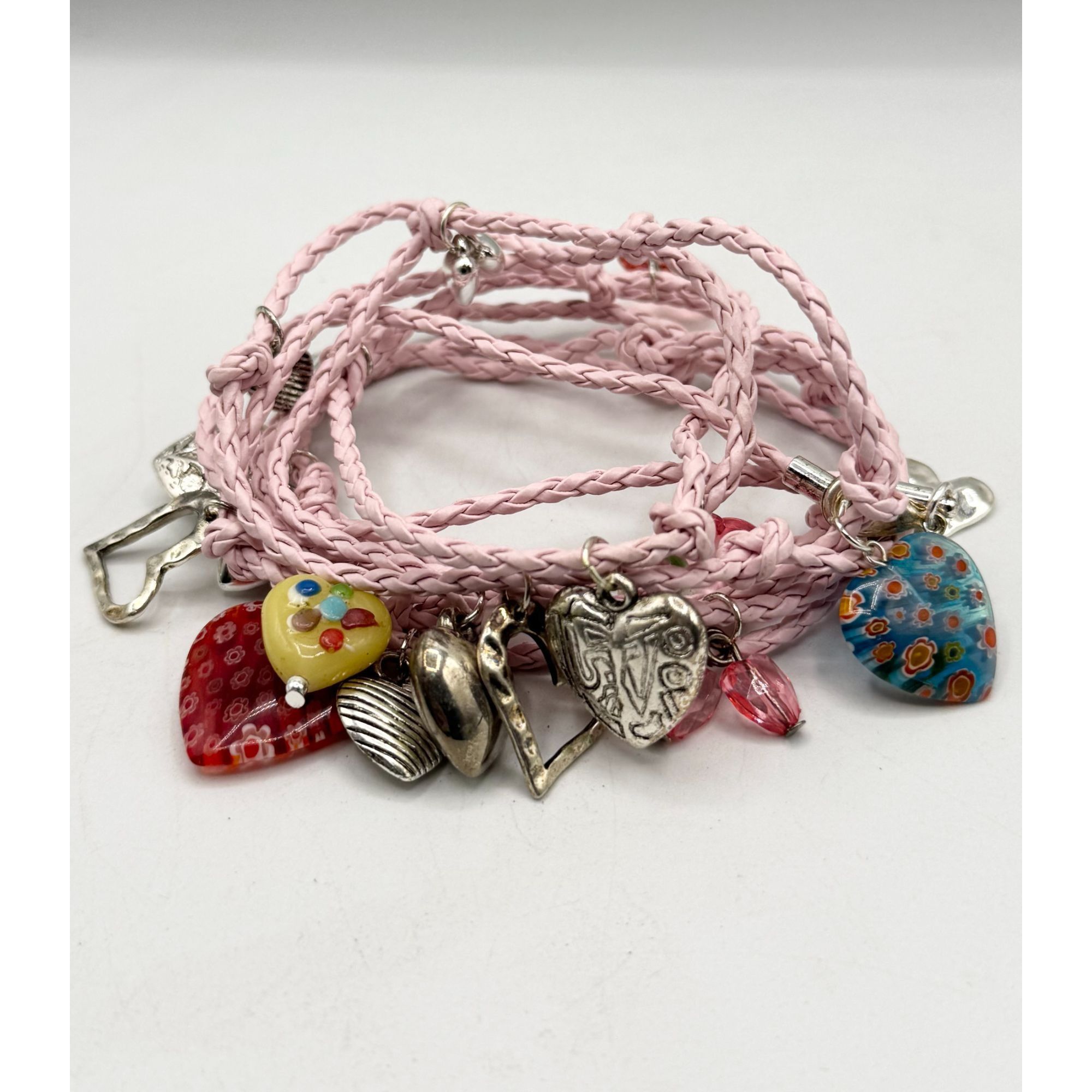 Other Pink braided leatherette Murano Art glass heart charm wrap b Size ONE SIZE - 4 Thumbnail