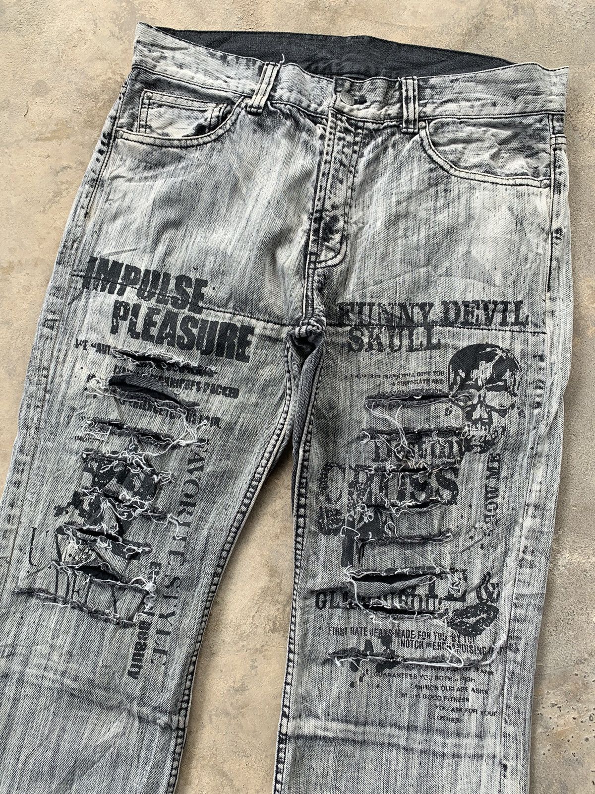 image of If Six Was Nine x Skull Jeans Impulse Pleasure Funny Devil Skull Flare Punk Jeans in White (Size 33