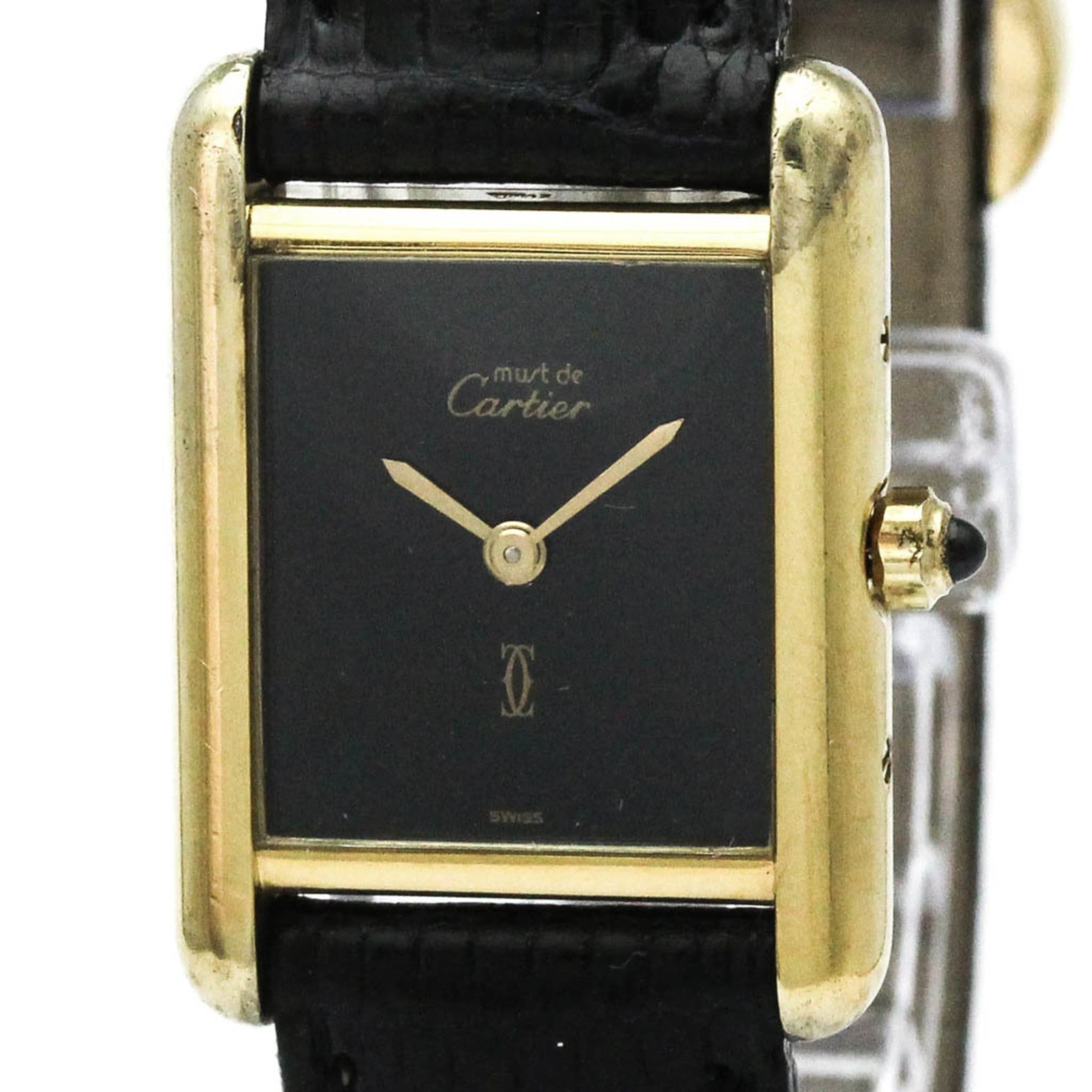 CARTIER Must Tank Gold Plated Leather Quartz Ladies Watch 366001
