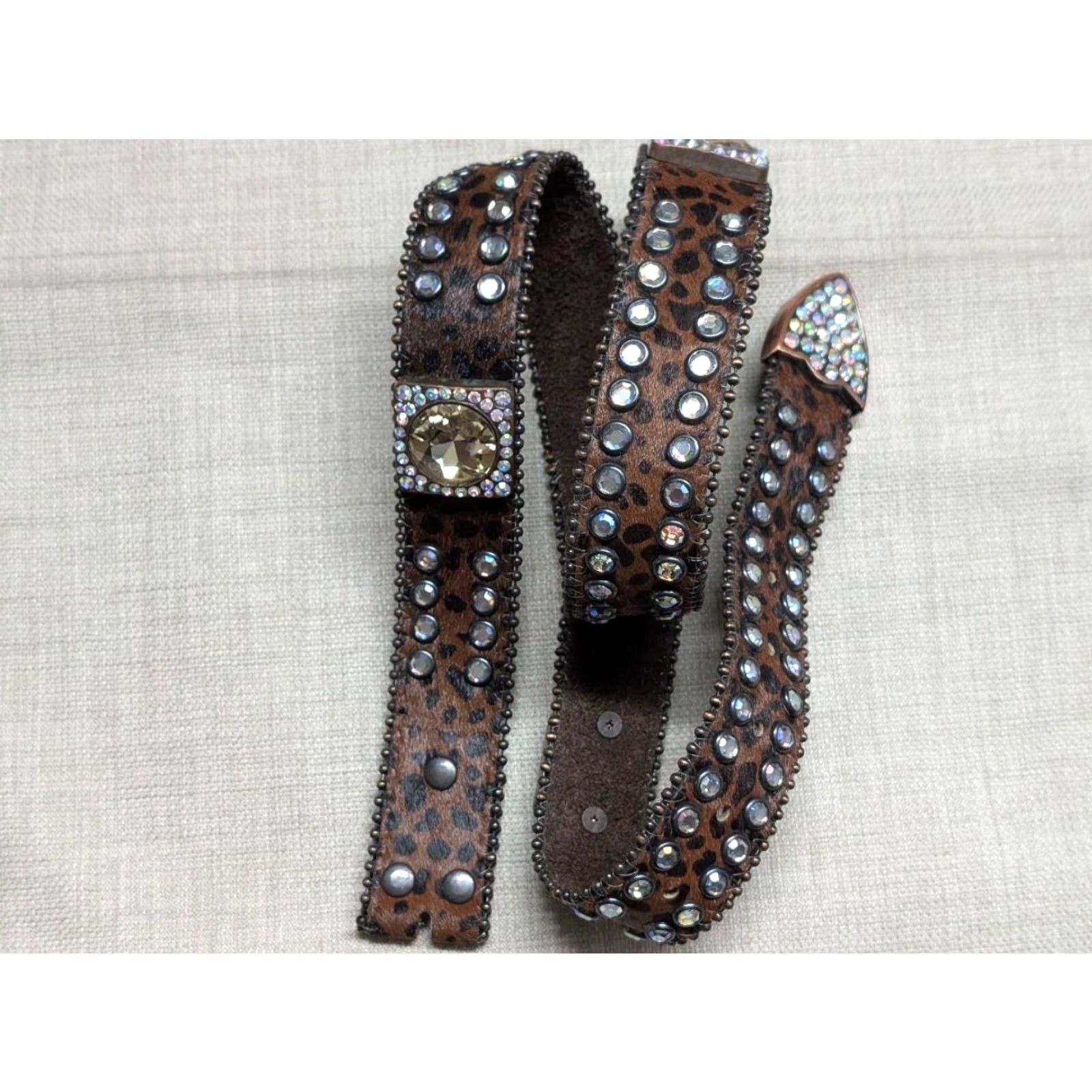 Vintage VINTAGE Y2K COW H AIR rhinestone LEOPARD leather BELT 38 brown STUDDED Western Belt, Cowboy, Rodeo, Southwestern Mens Size 38 - 2 Thumbnail
